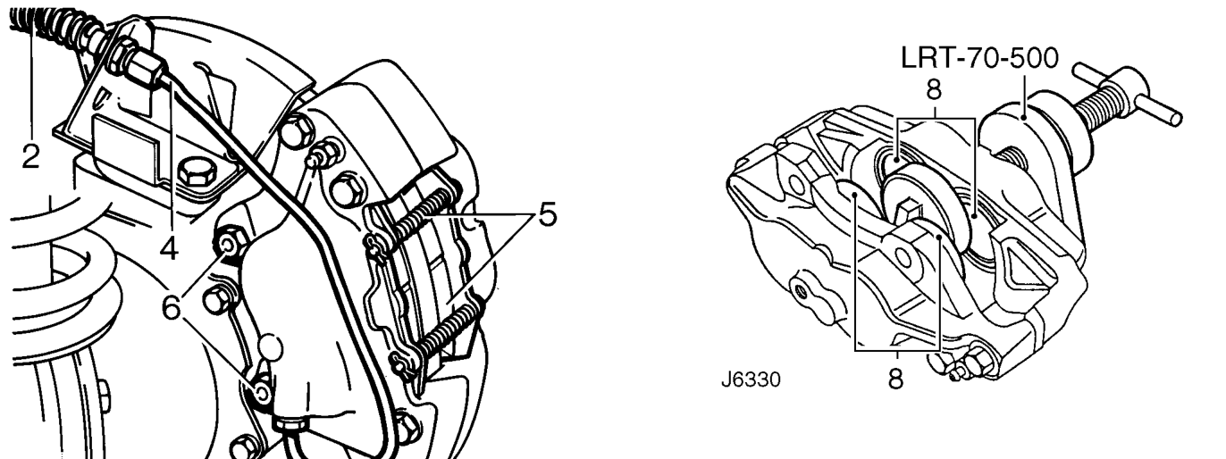 Warning: do not separate caliper halves – Using special tool LRT-70-500, clamp pistons in inboard half of caliper. Gently, keeping f