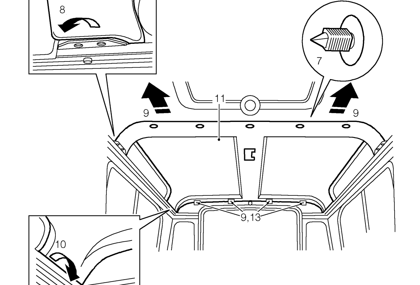 Rear headlining - hard top – NOTE: Take care not to bend headlining on removal and refitting.