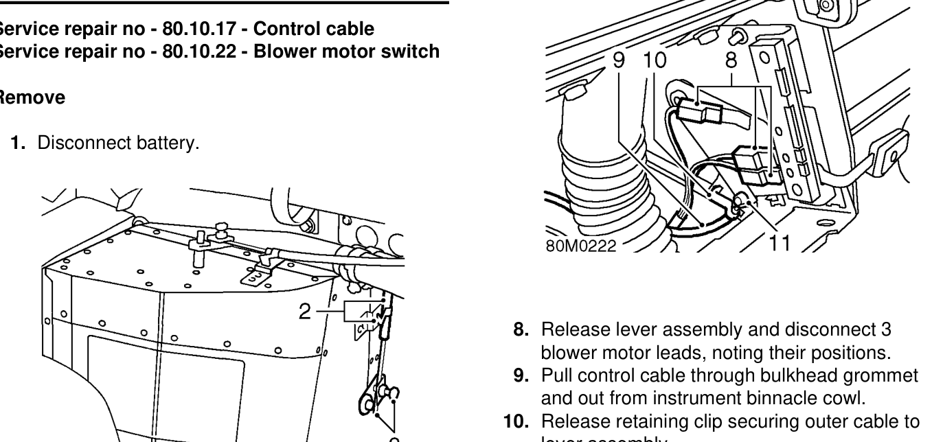 Control cable and blower motor switch