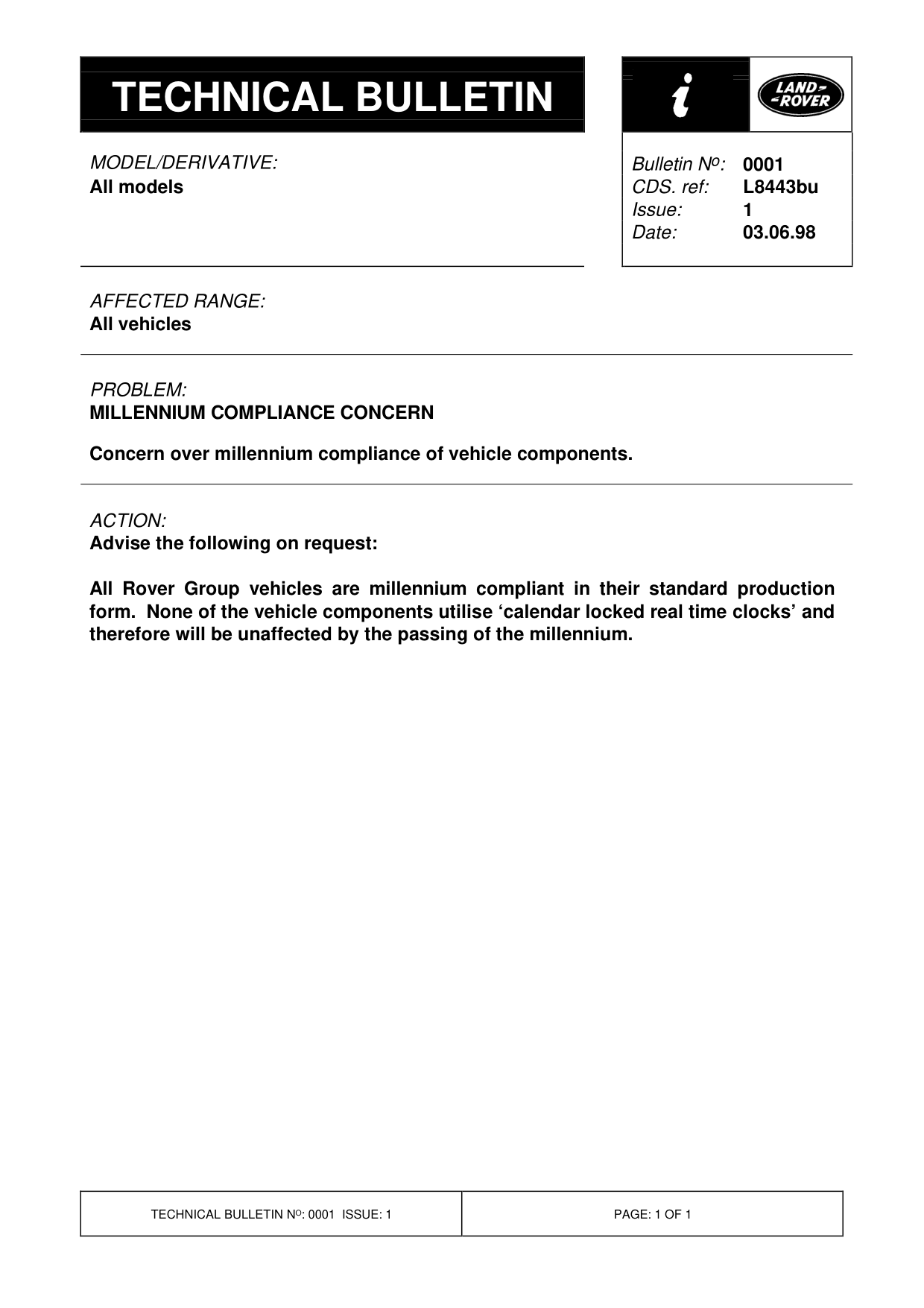 Millennium Compliance Concern – bulletin page 1