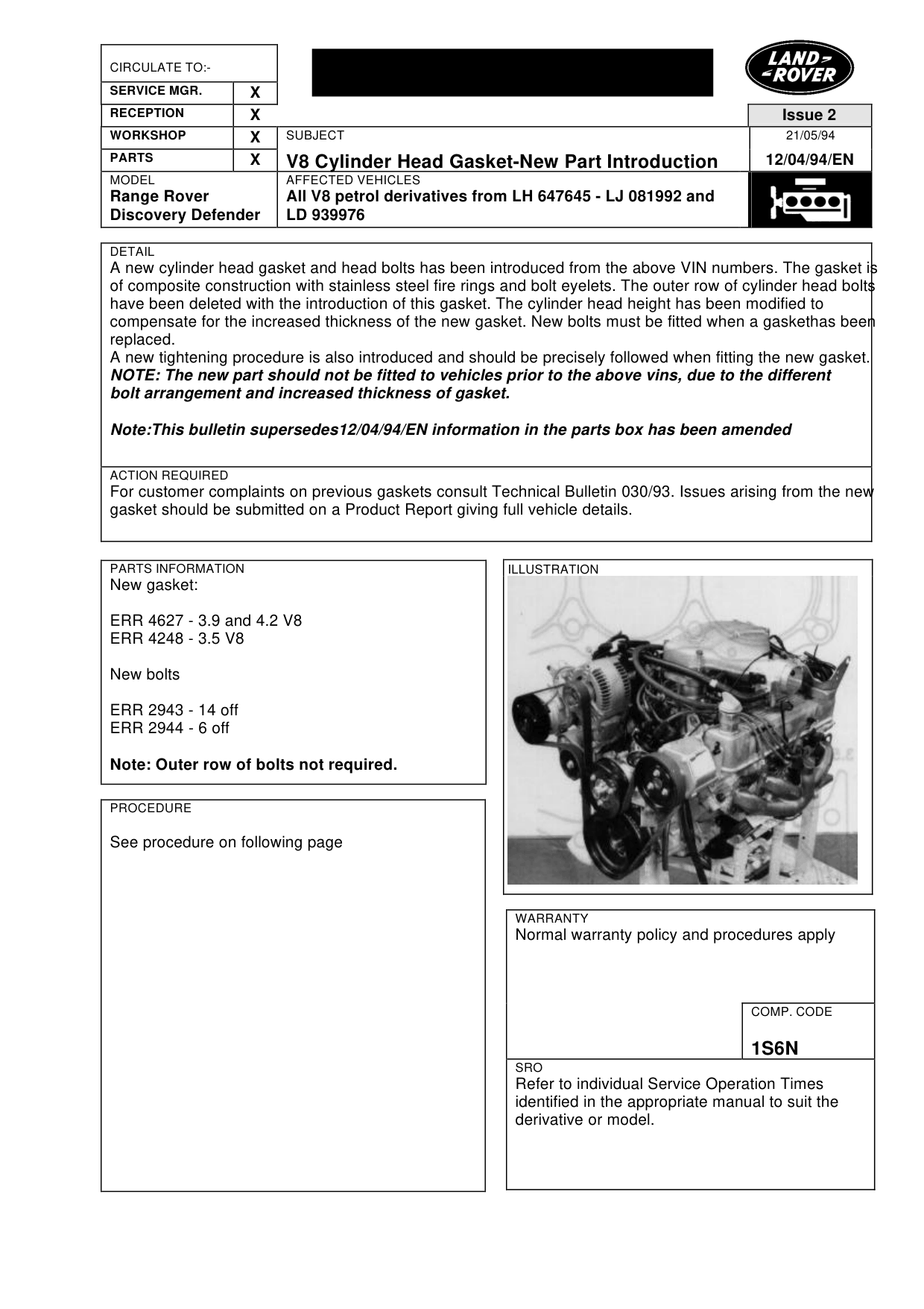 V8 Cylinder Head Gasket-New Part – bulletin page 1