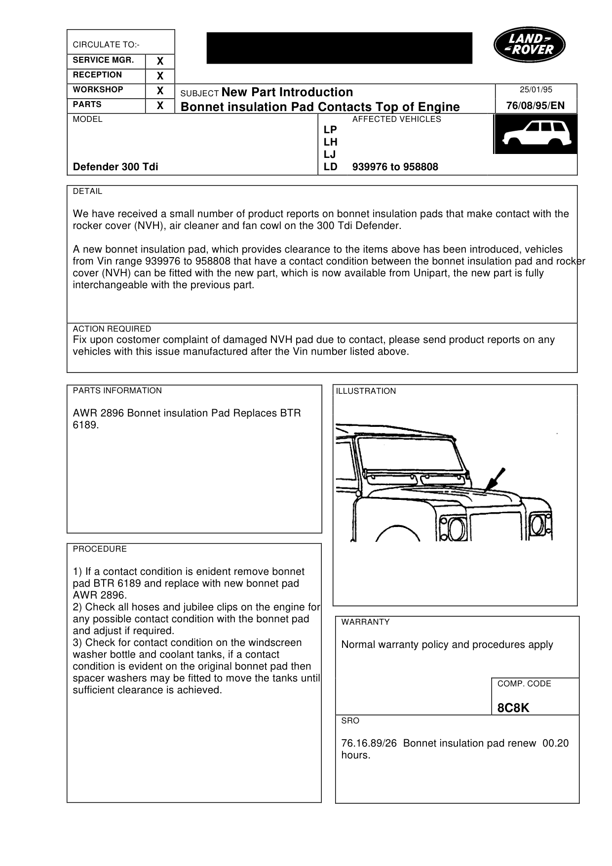 Bonnet Insulation Pad Contacts Top Of Engine – bulletin page 1