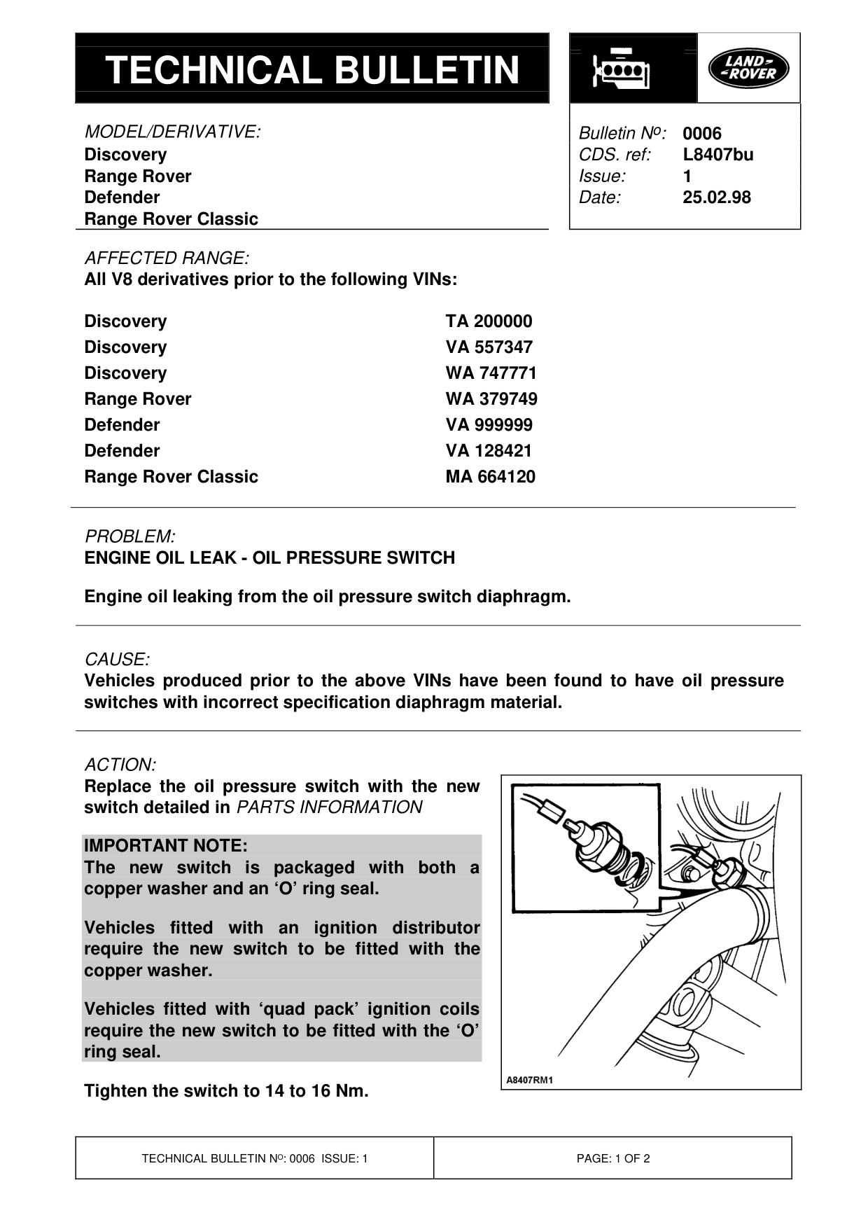 Engine Oil Leak - Oil Pressure Switch – bulletin page 1