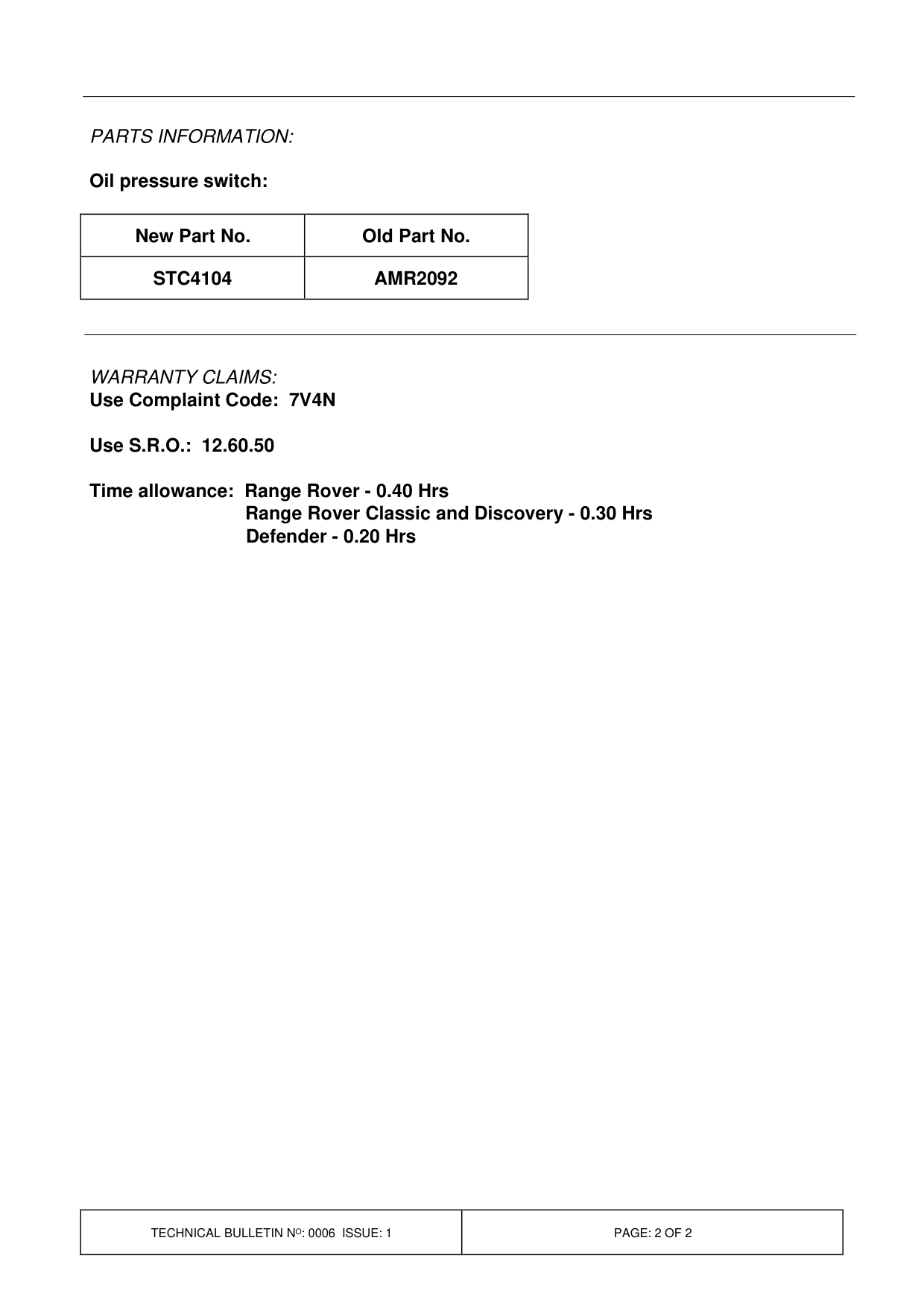 Engine Oil Leak - Oil Pressure Switch – bulletin page 2