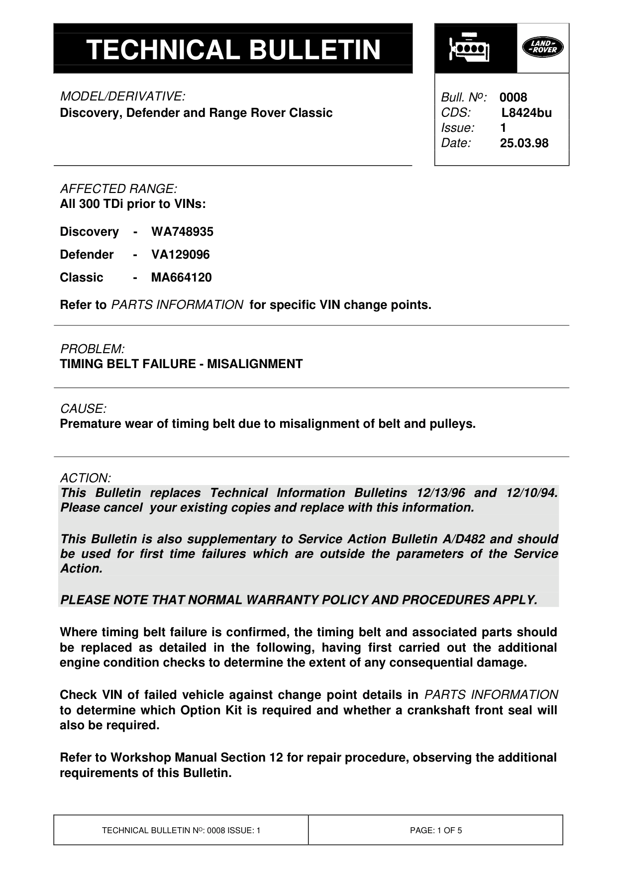 Timing Belt Failure - Misalignment – bulletin page 1