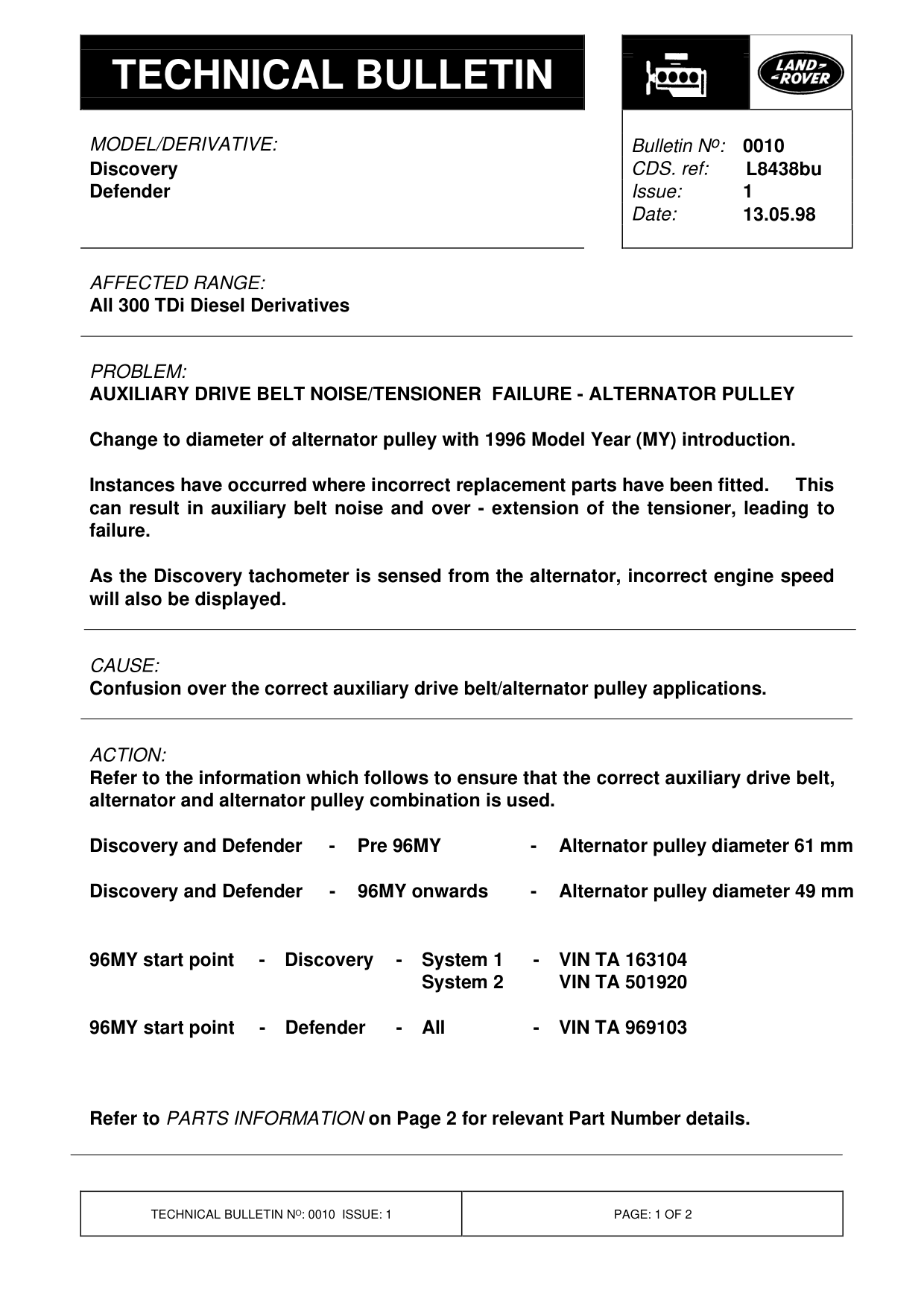 Auxiliary Drive Belt Noise/Tensioner Failure - Alternator Pulley – bulletin page 1