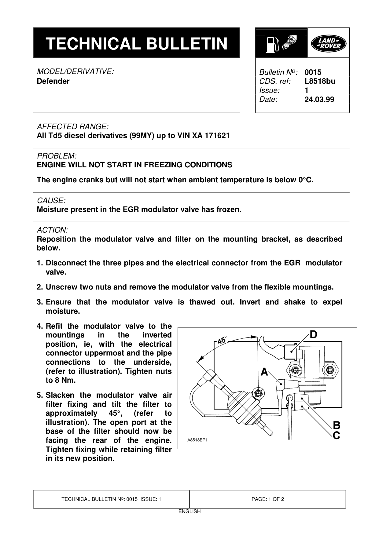 Engine Will Not Start In Freezing Conditions – bulletin page 1