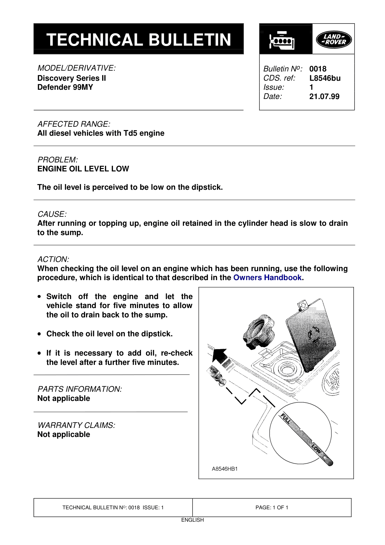 Engine Oil Level Low – bulletin page 1