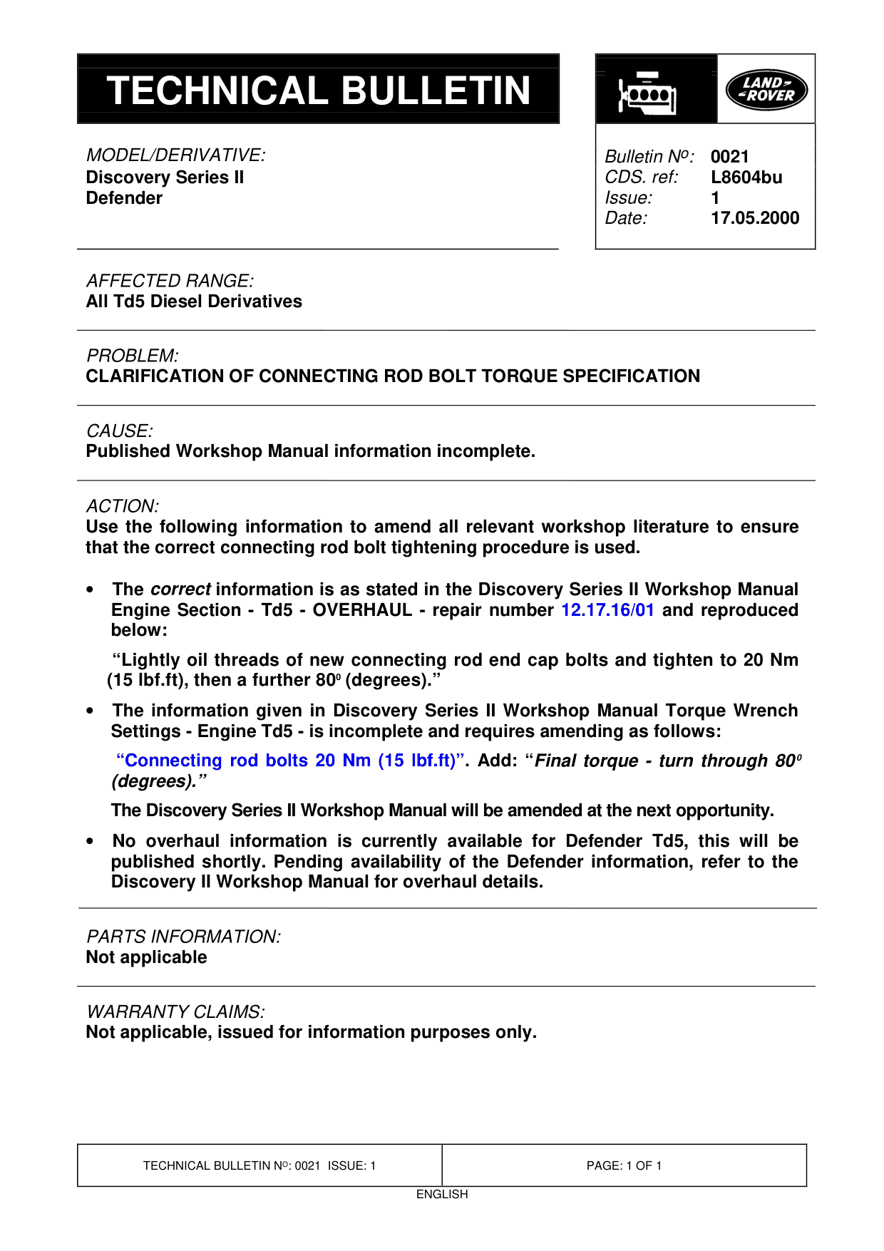 Clarification Of Connecting Rod Bolt Torque Specification – bulletin page 1