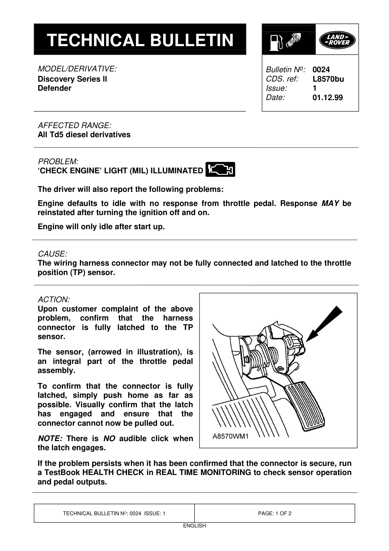 ‘Check Engine’ Light (Mil) Illuminated – bulletin page 1