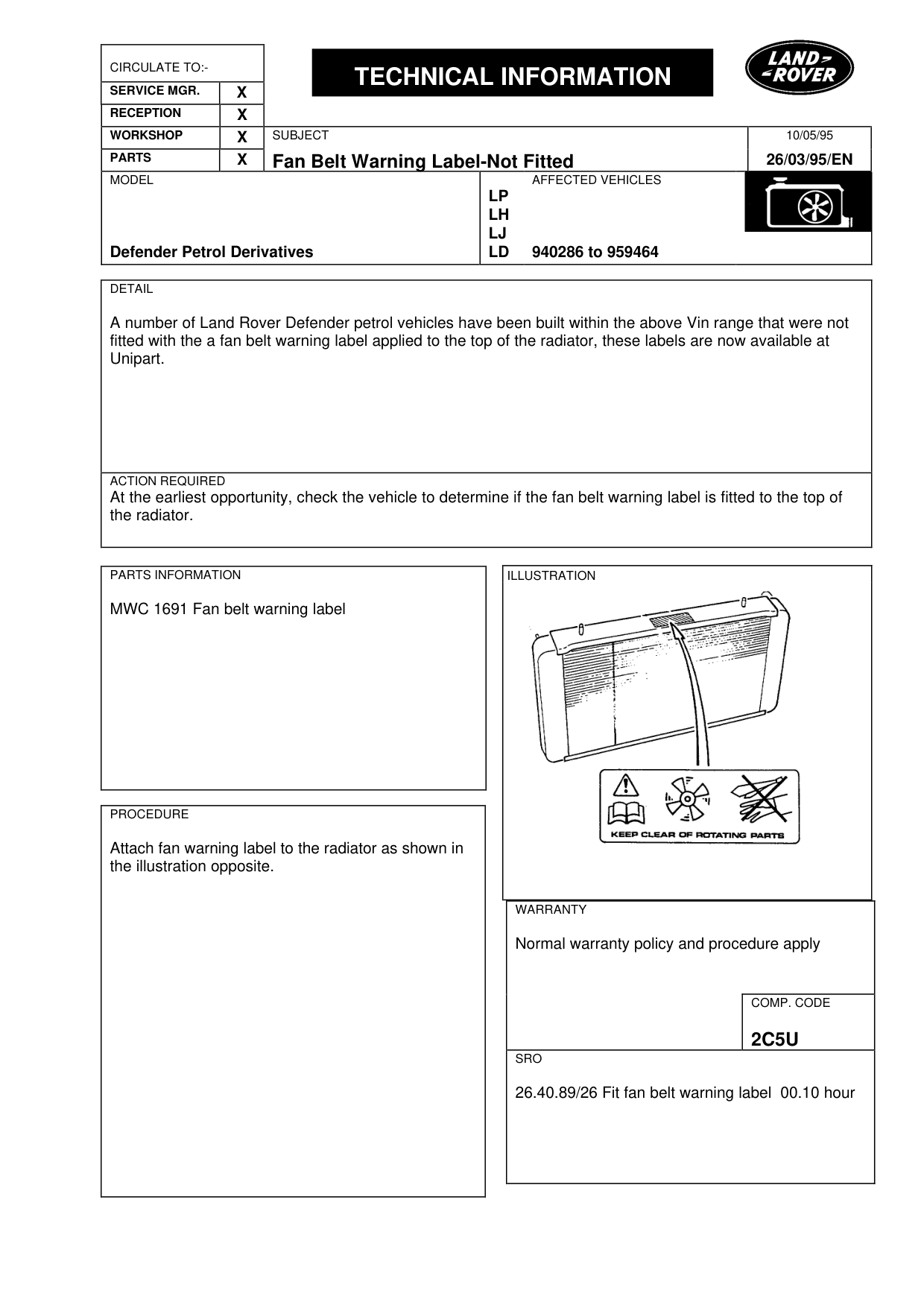 Fan Belt Warning Label-Not Fitted – bulletin page 1