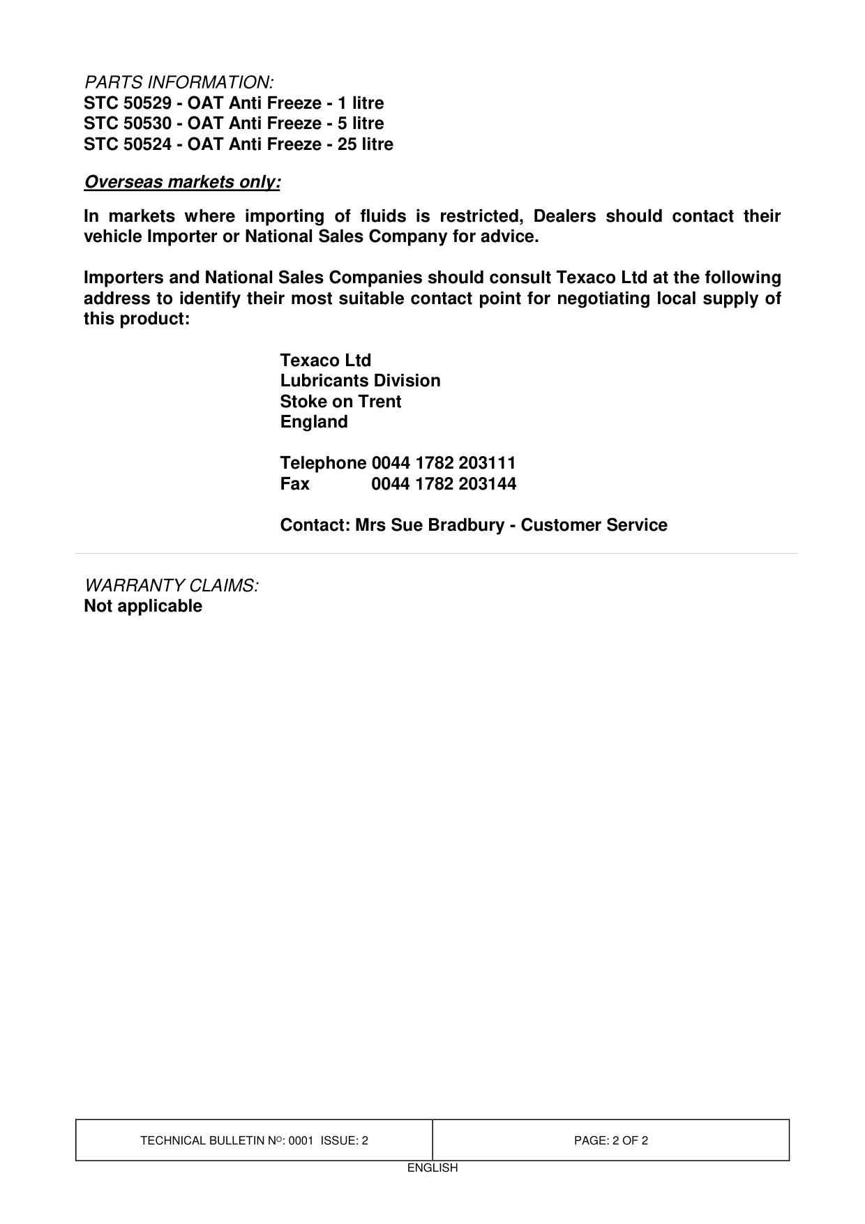 Coolant - Change To Specification – bulletin page 2