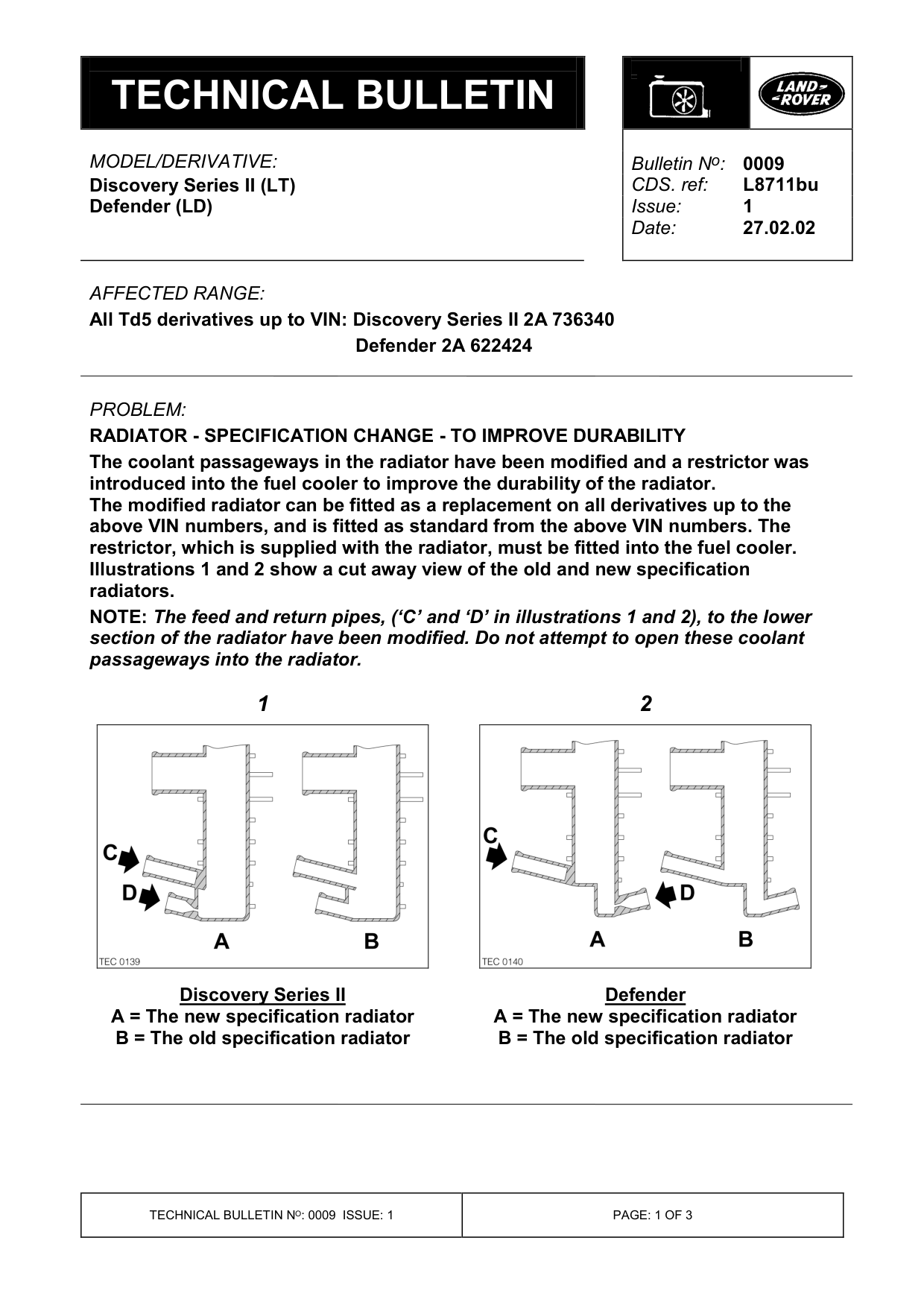 Radiator - Specification Change - To Improve Durability – bulletin page 1
