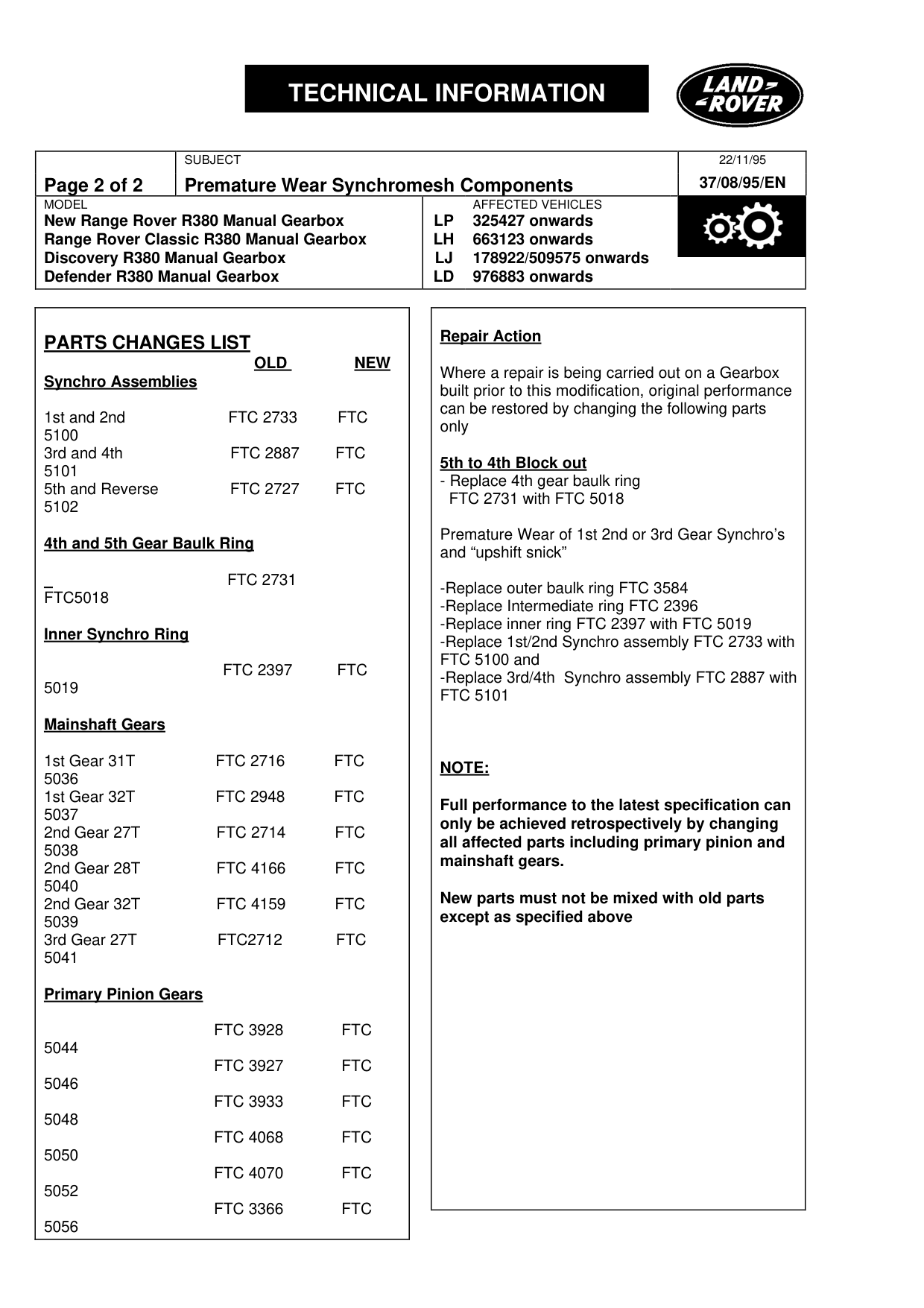 Premature Wear Synchromesh Components – bulletin page 2