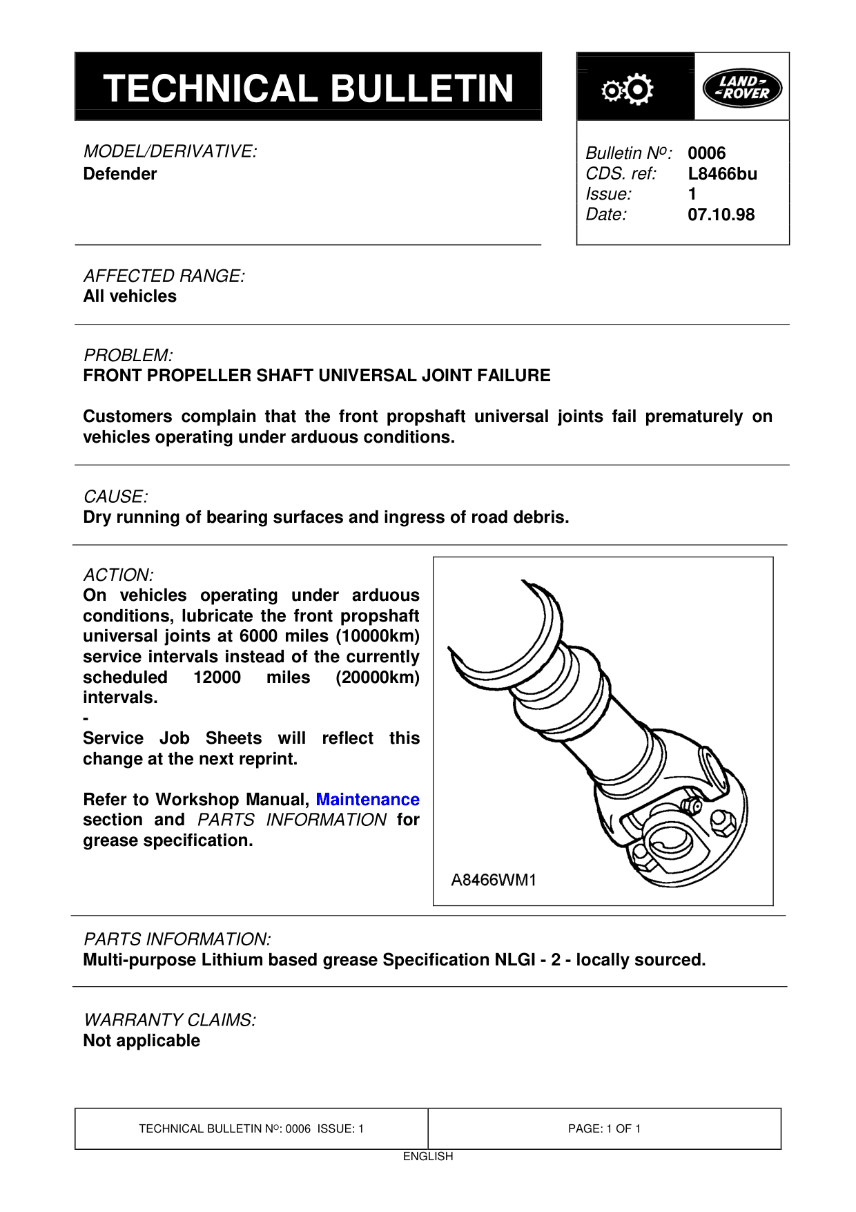 Front Propeller Shaft Universal Joint Failure – bulletin page 1