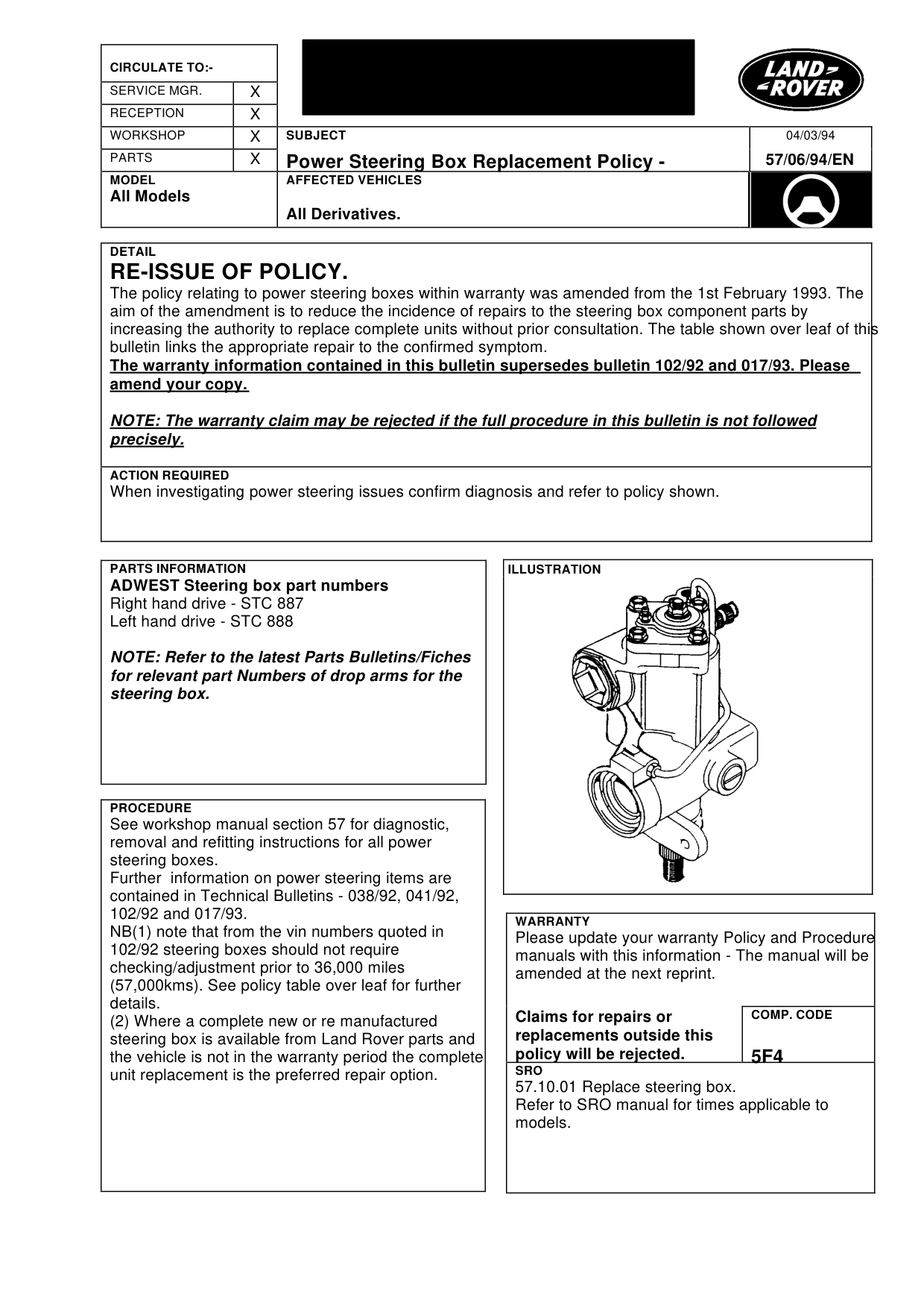 Adwest Power Steering Box Replacement – bulletin page 1