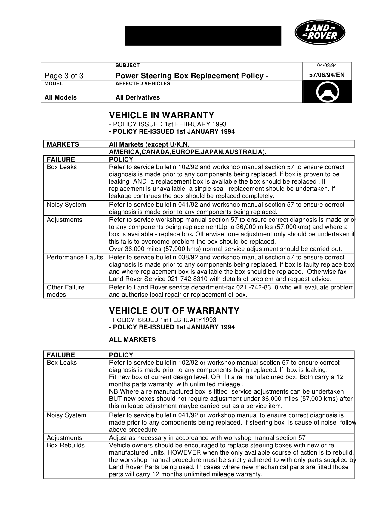 Adwest Power Steering Box Replacement – bulletin page 3
