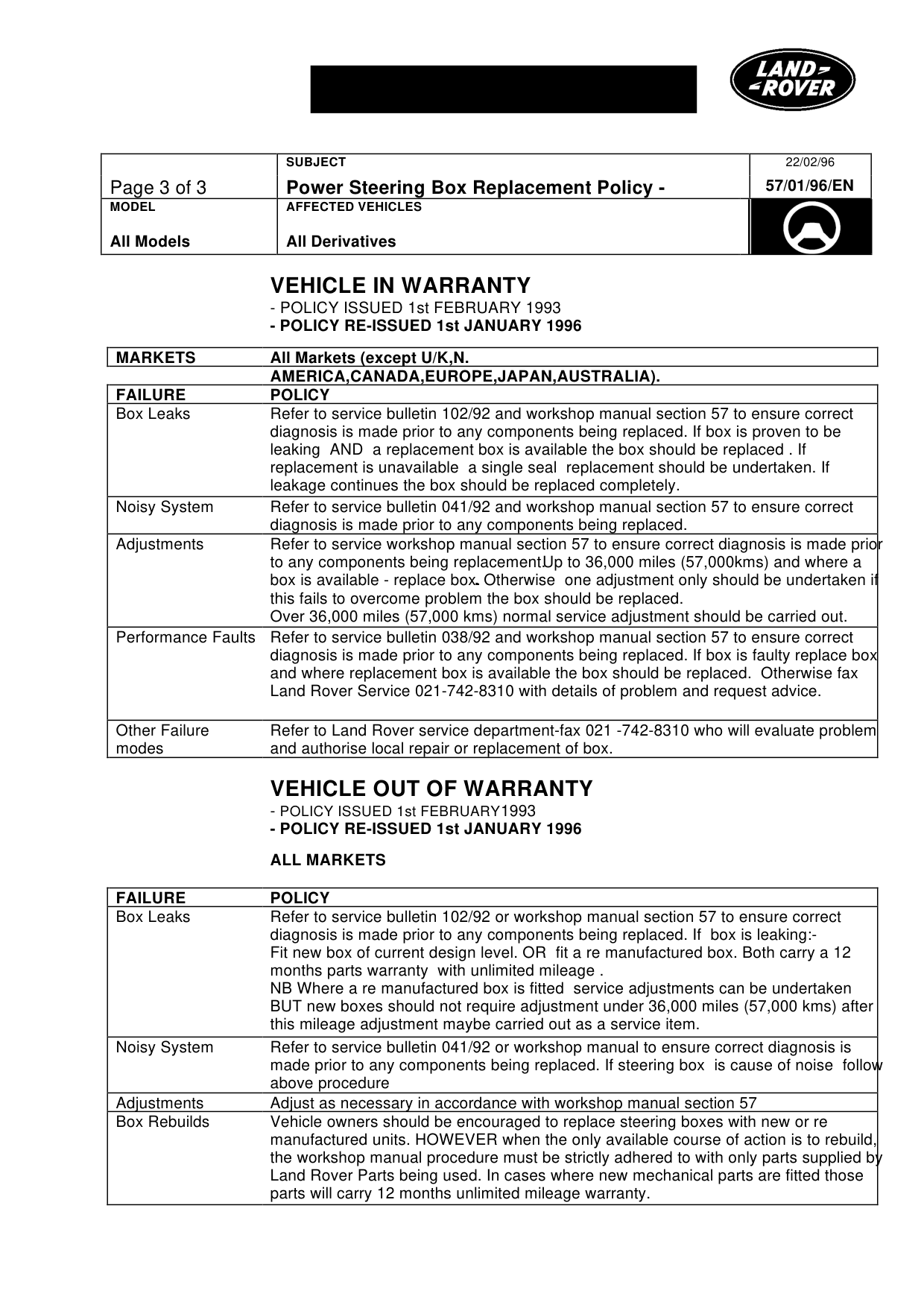 Power Steering Box Replacement Policy-Adwest – bulletin page 3