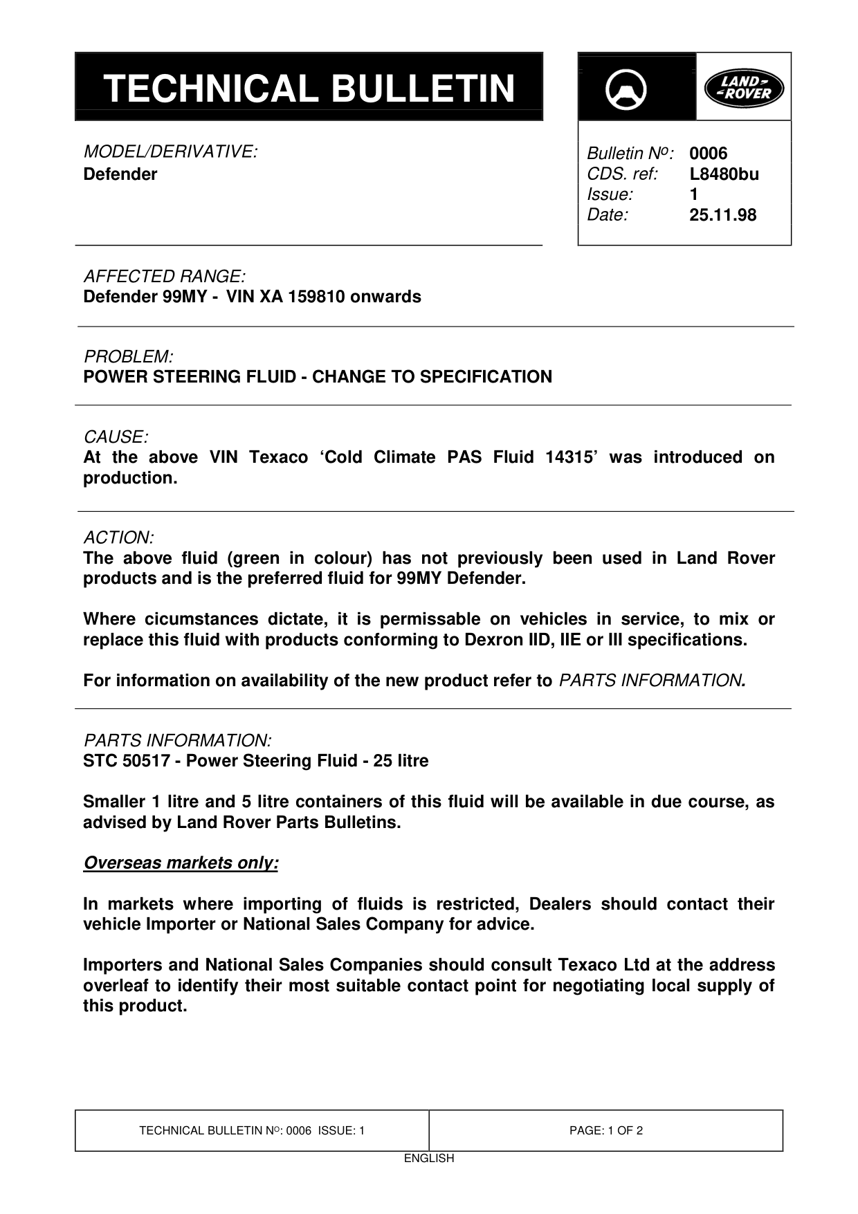 Power Steering Fluid - Change To Specification – bulletin page 1