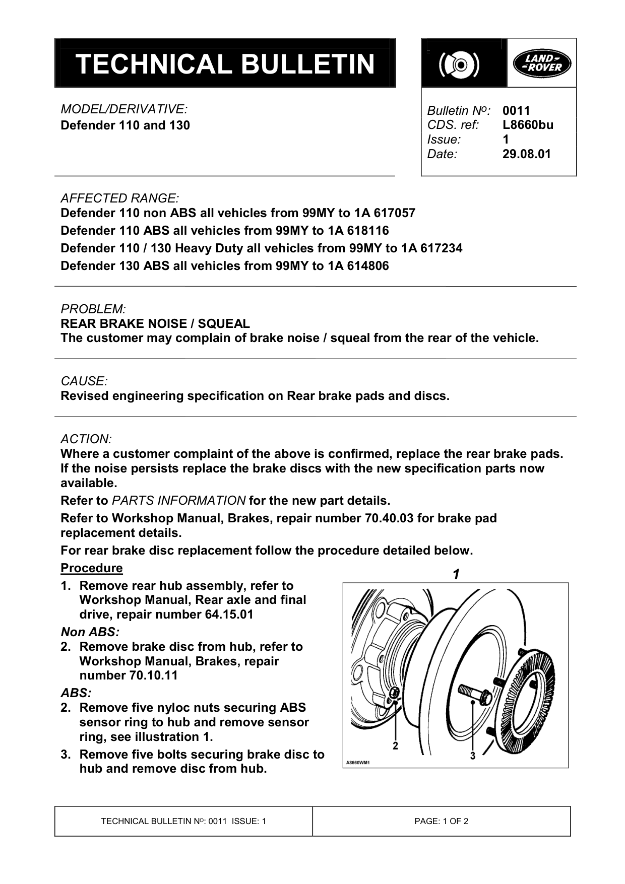 Rear Brake Noise / Squeal – bulletin page 1