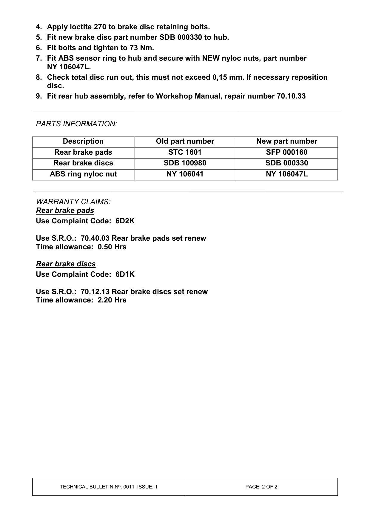 Rear Brake Noise / Squeal – bulletin page 2