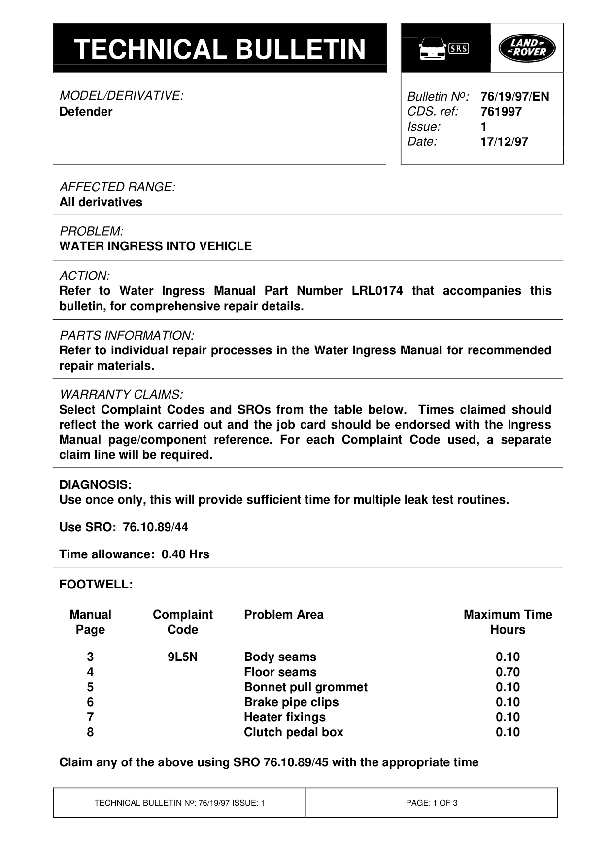 Water Ingress Into Vehicle – bulletin page 1