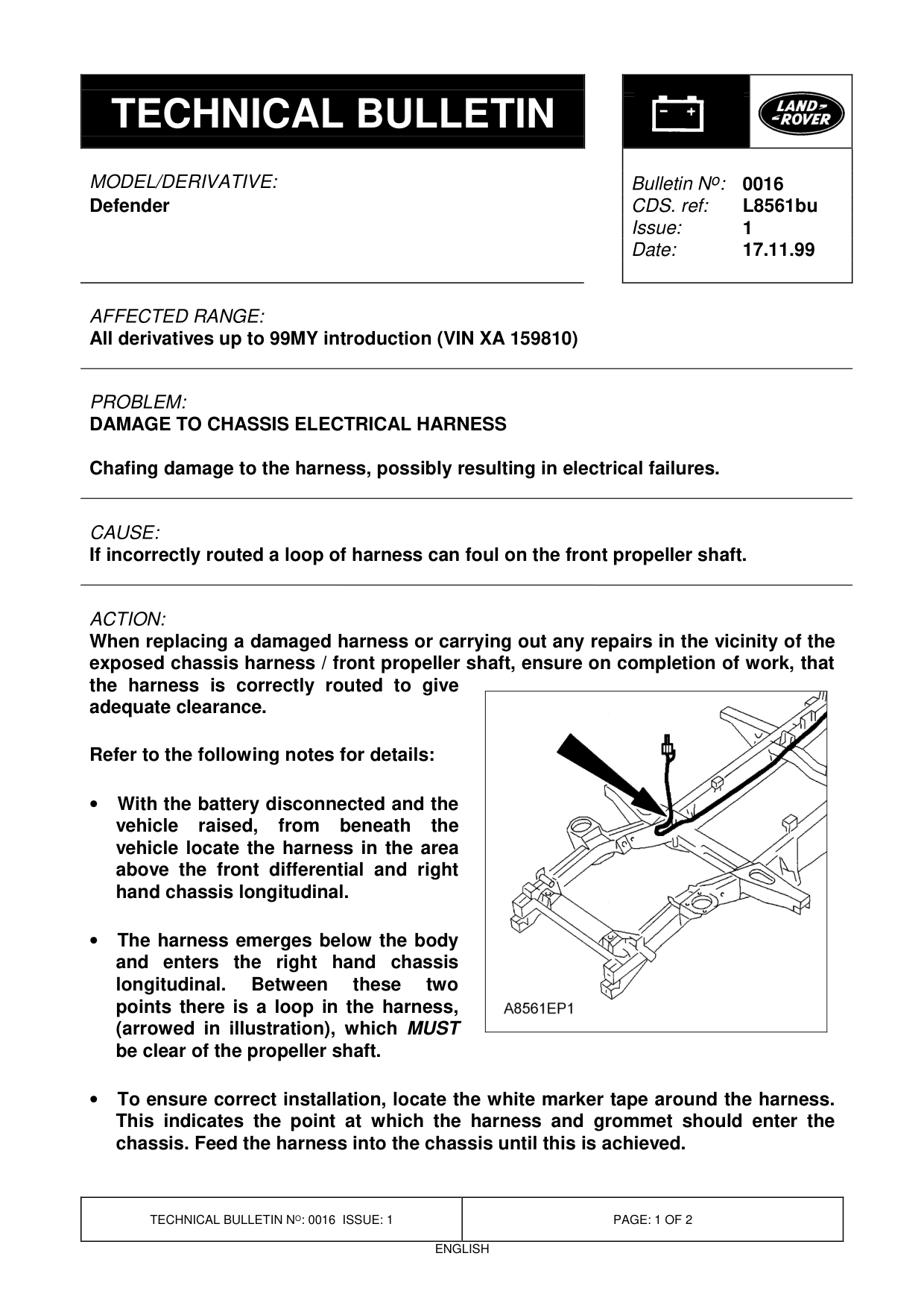 Damage To Chassis Electrical Harness – bulletin page 1