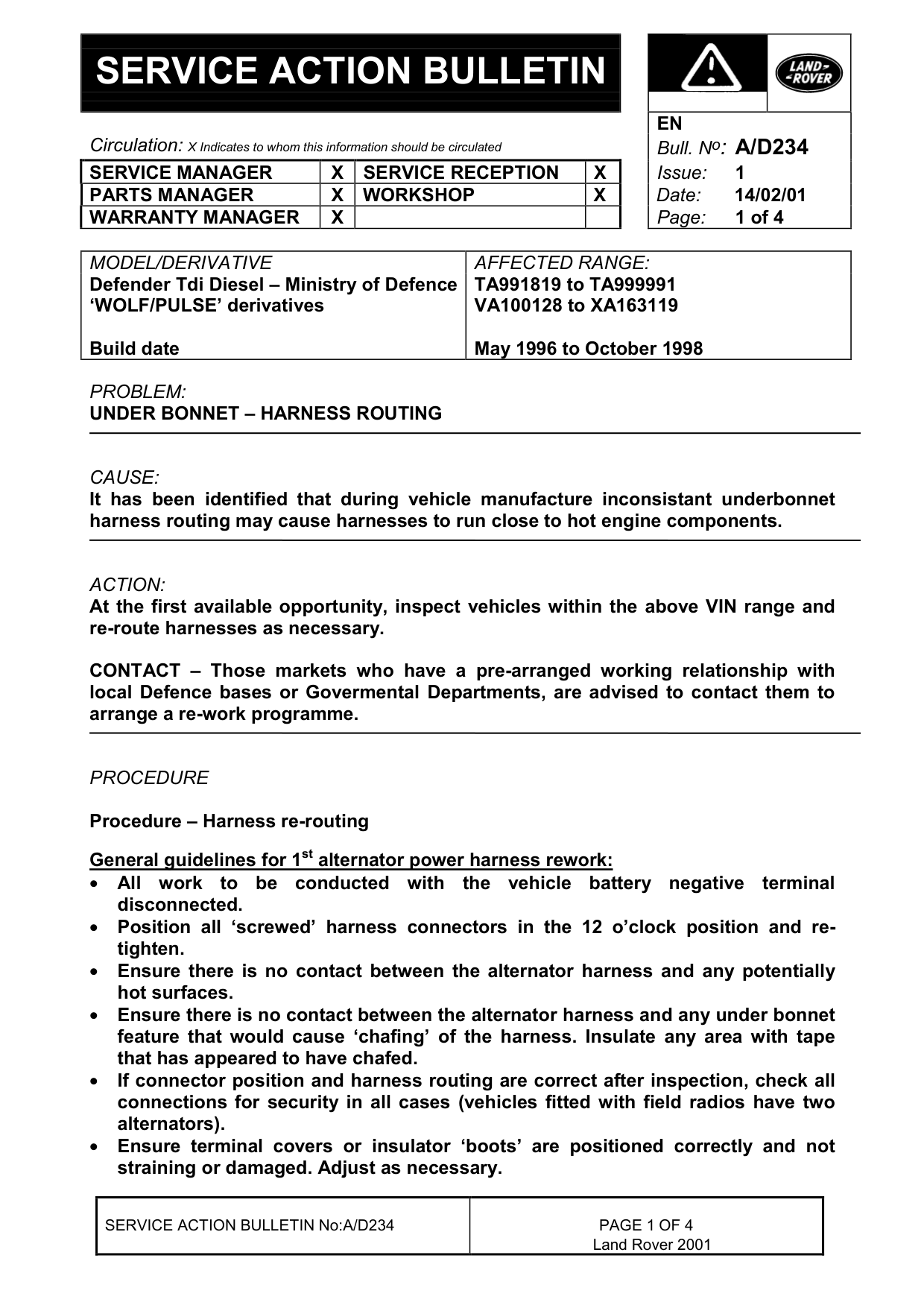 Under Bonnet - Harness Routing – bulletin page 1