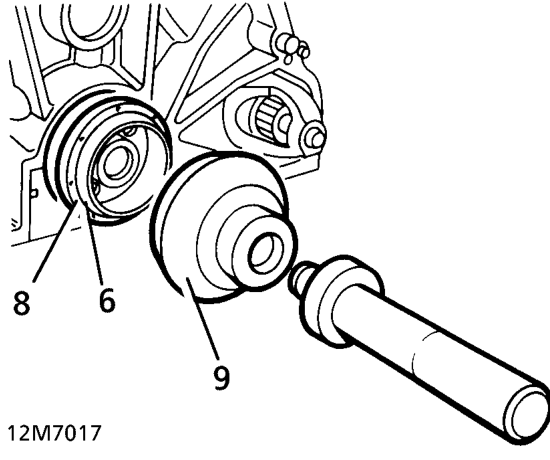 Crankshaft rear oil seal refit – Lubricate seal guide LRT-12-095 with clean engine oil. Position over crankshaft boss.