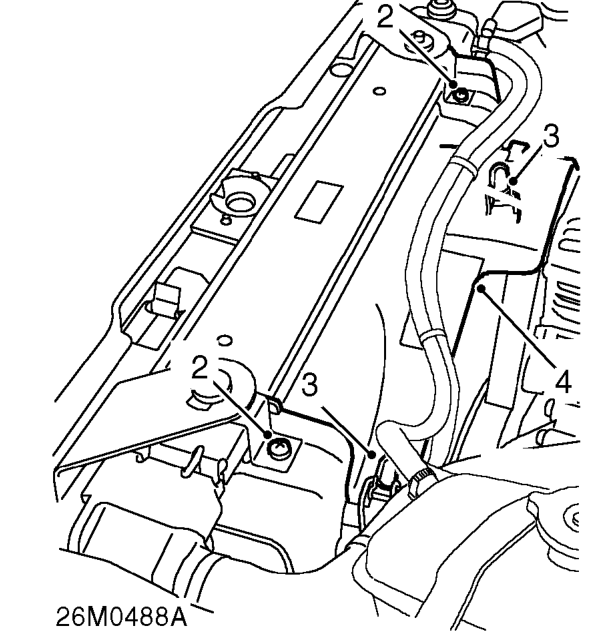 Remove remove – Disconnect battery negative lead and release clips securing coolant hoses to fan upper cow