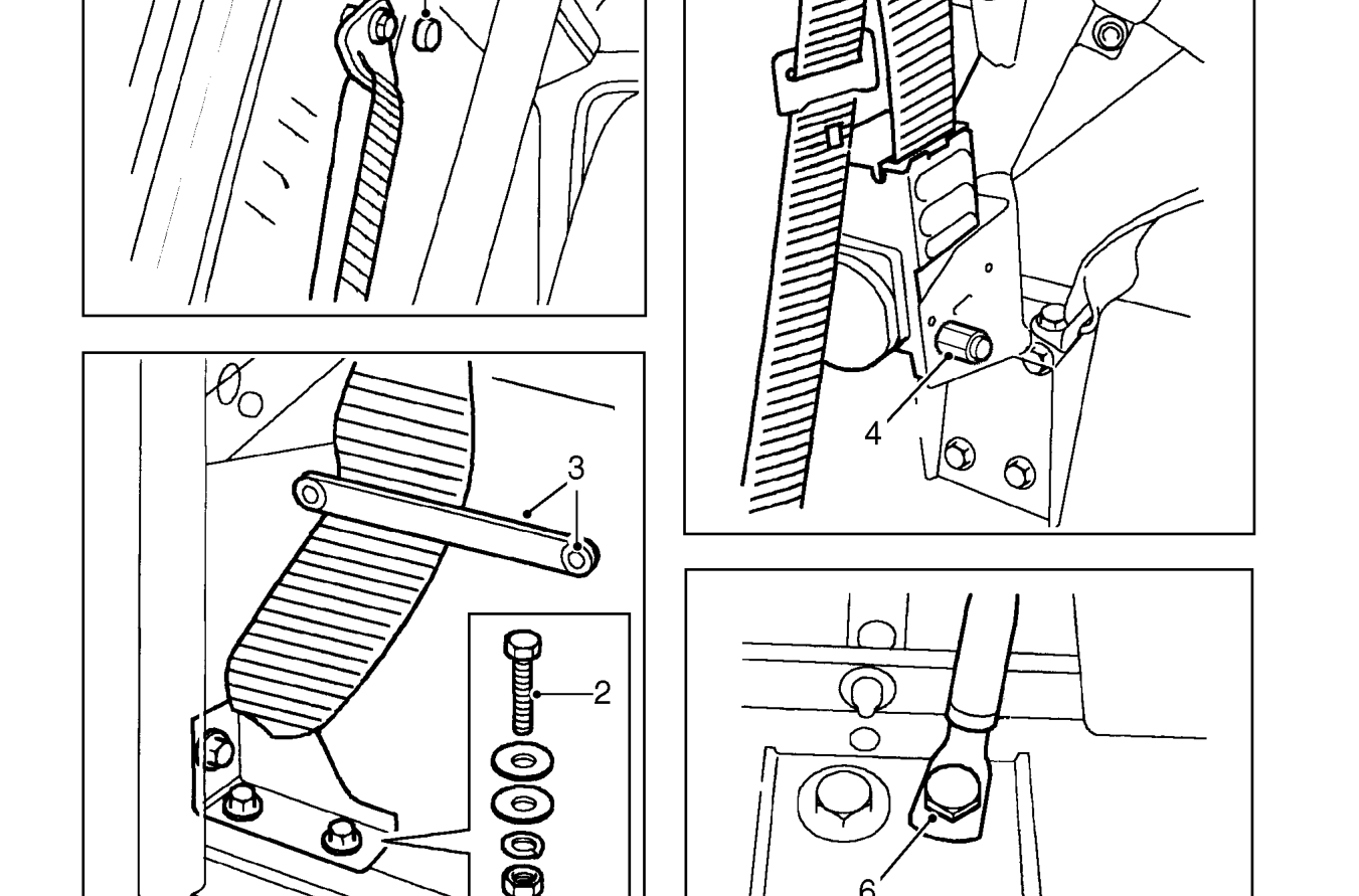 Front seat belts – Unscrew bolt and washer and remove seat belt buckle stalk from roll-over mounting bracket.