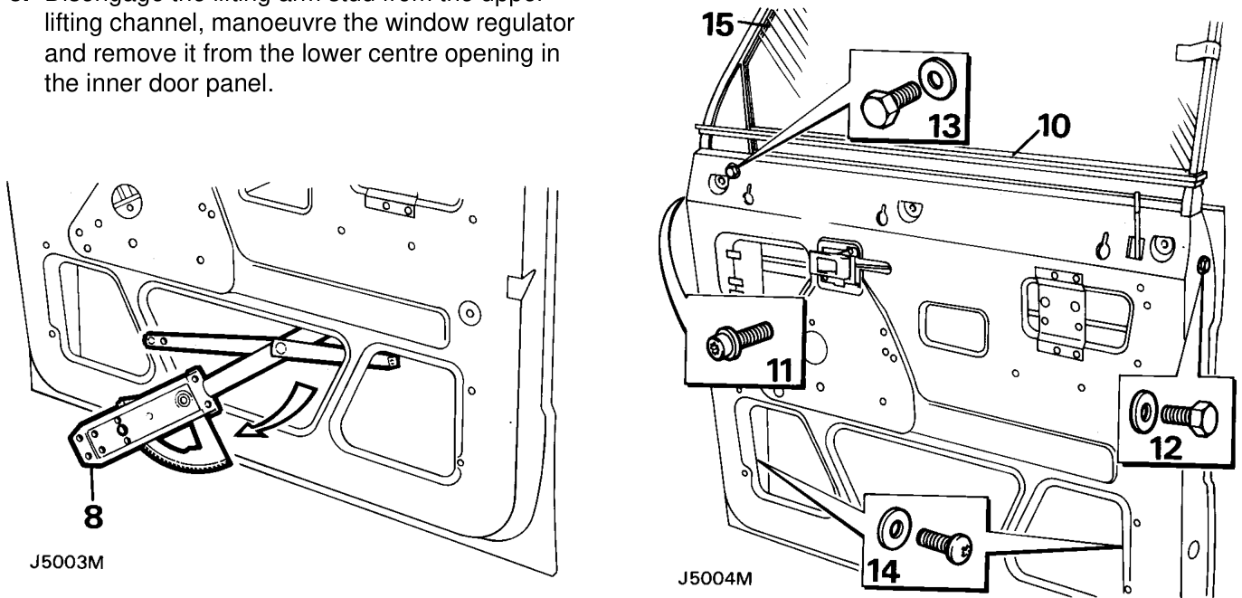 Disengage the lifting arm stud from the upper lifting channel, manoeuvre the window regula