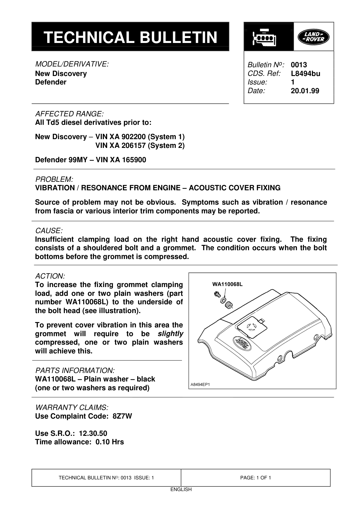 Vibration / Resonance From Engine – Acoustic Cover Fixing – bulletin page 1