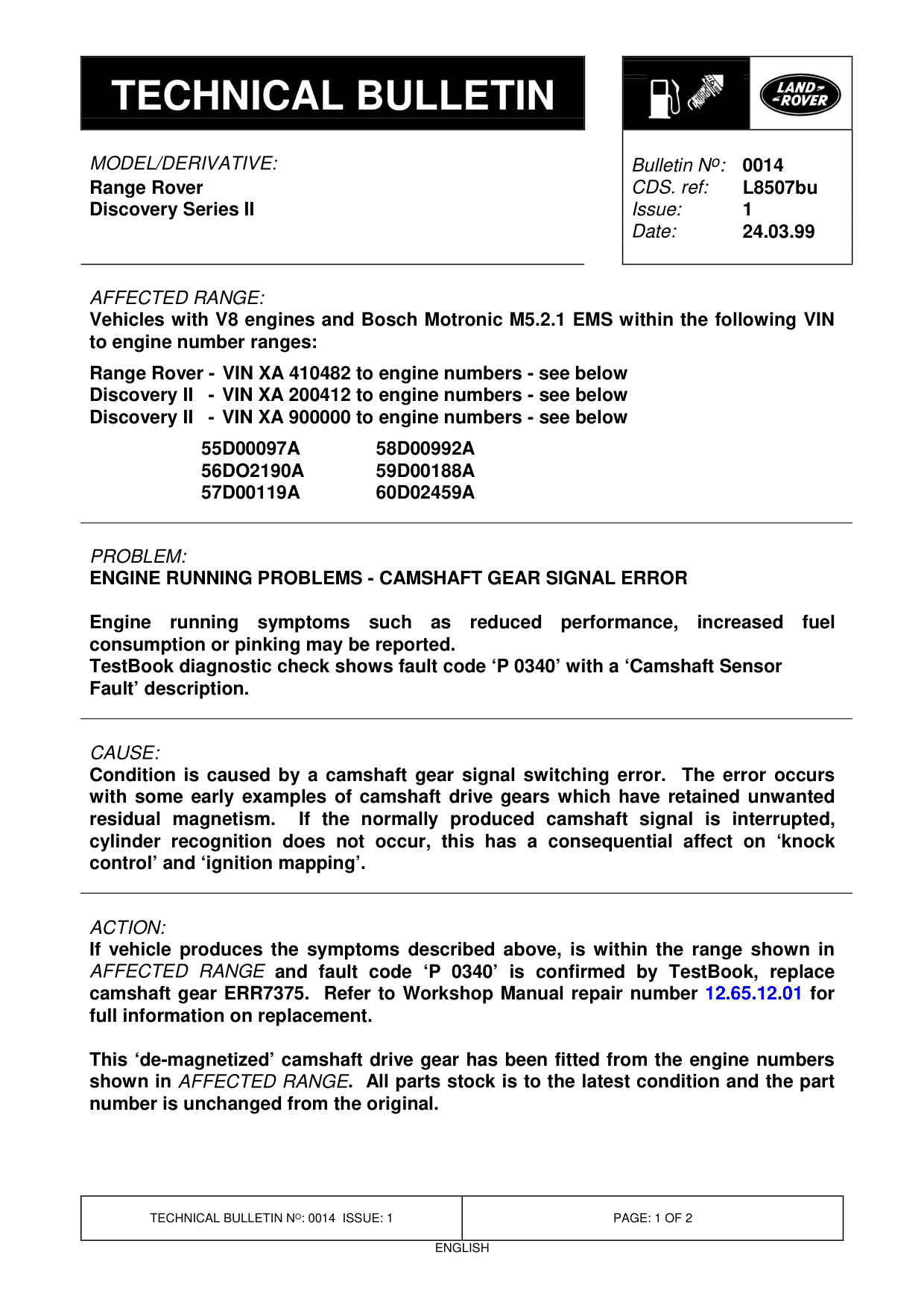 Engine Running Problems - Camshaft Gear Signal Error – bulletin page 1