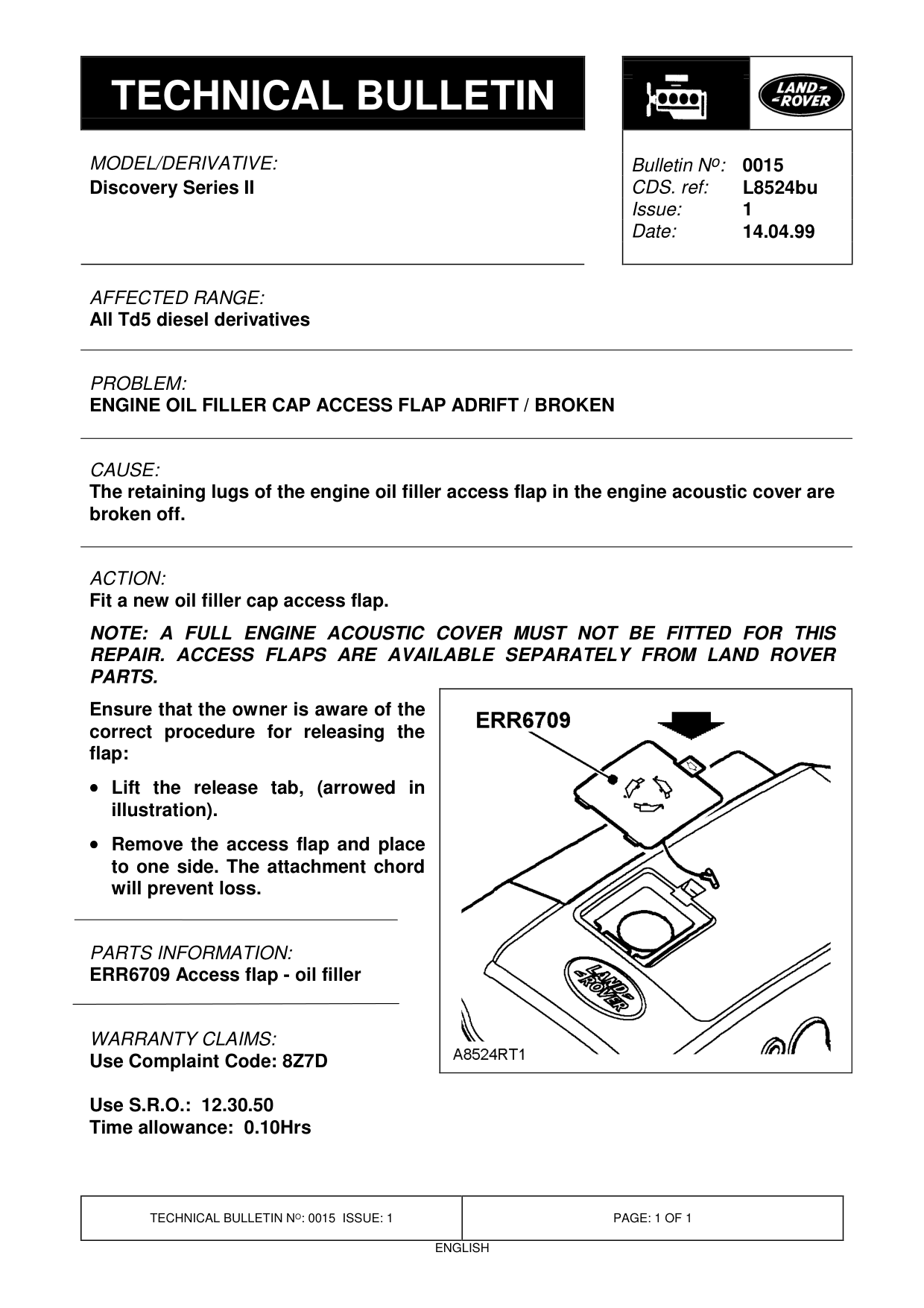 Engine Oil Filler Cap Access Flap Adrift / Broken – bulletin page 1