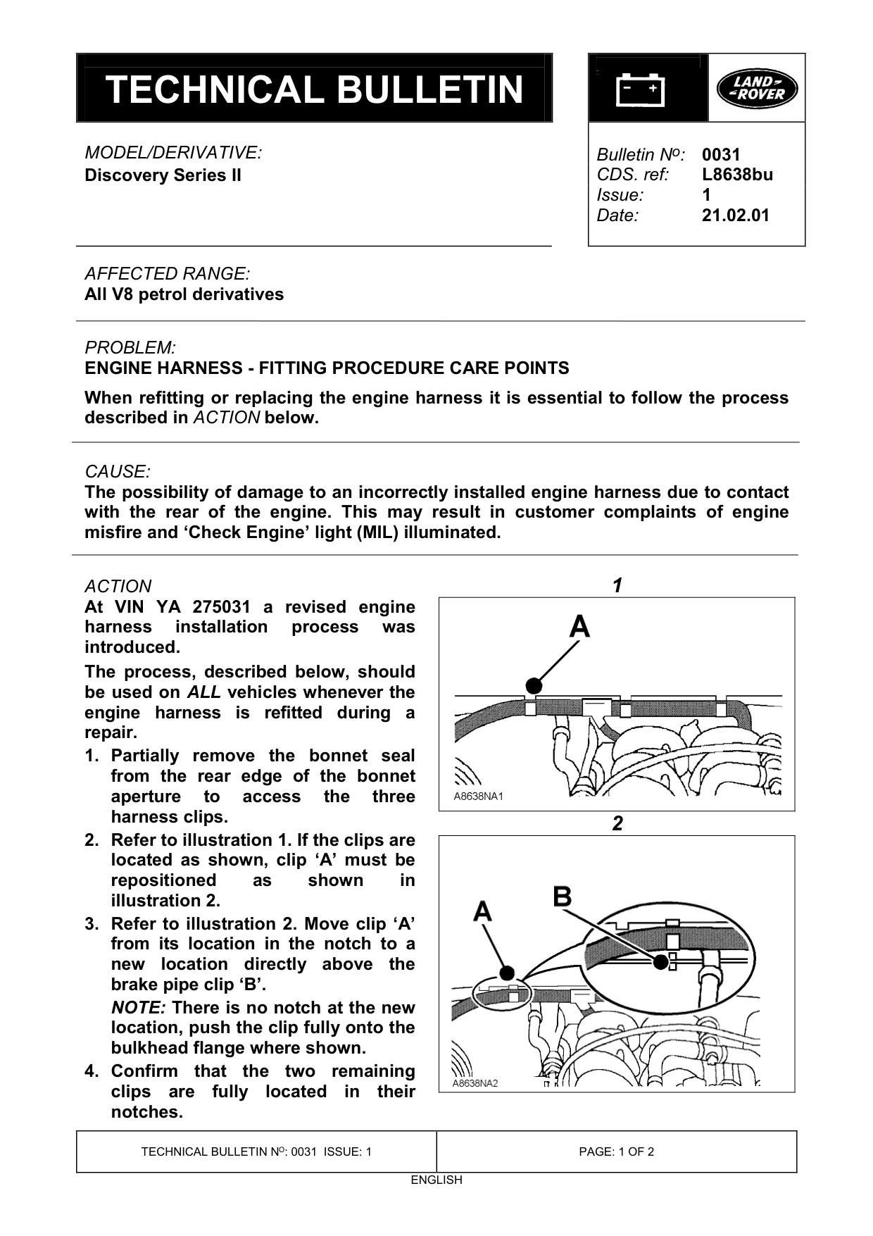 Engine Harness - Fitting Procedure Care Points – bulletin page 1