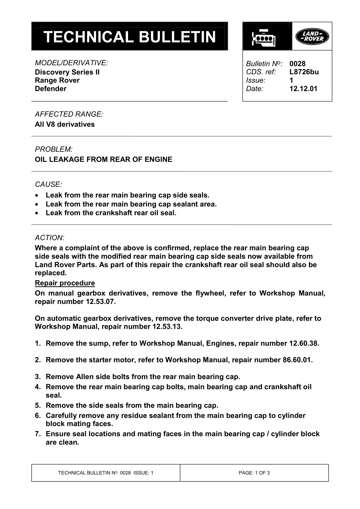 Oil Leakage From Rear Of Engine – bulletin page 1