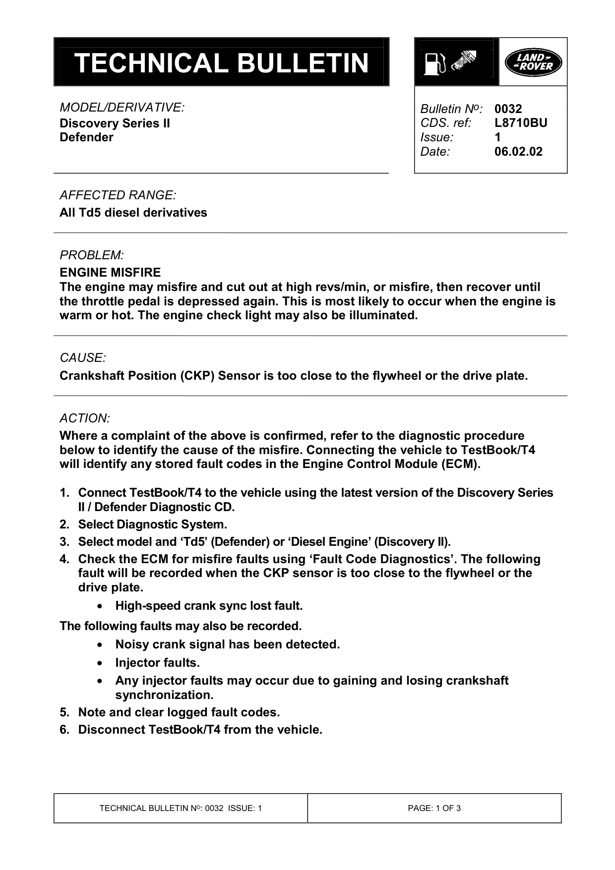 Engine Misfire – bulletin page 1