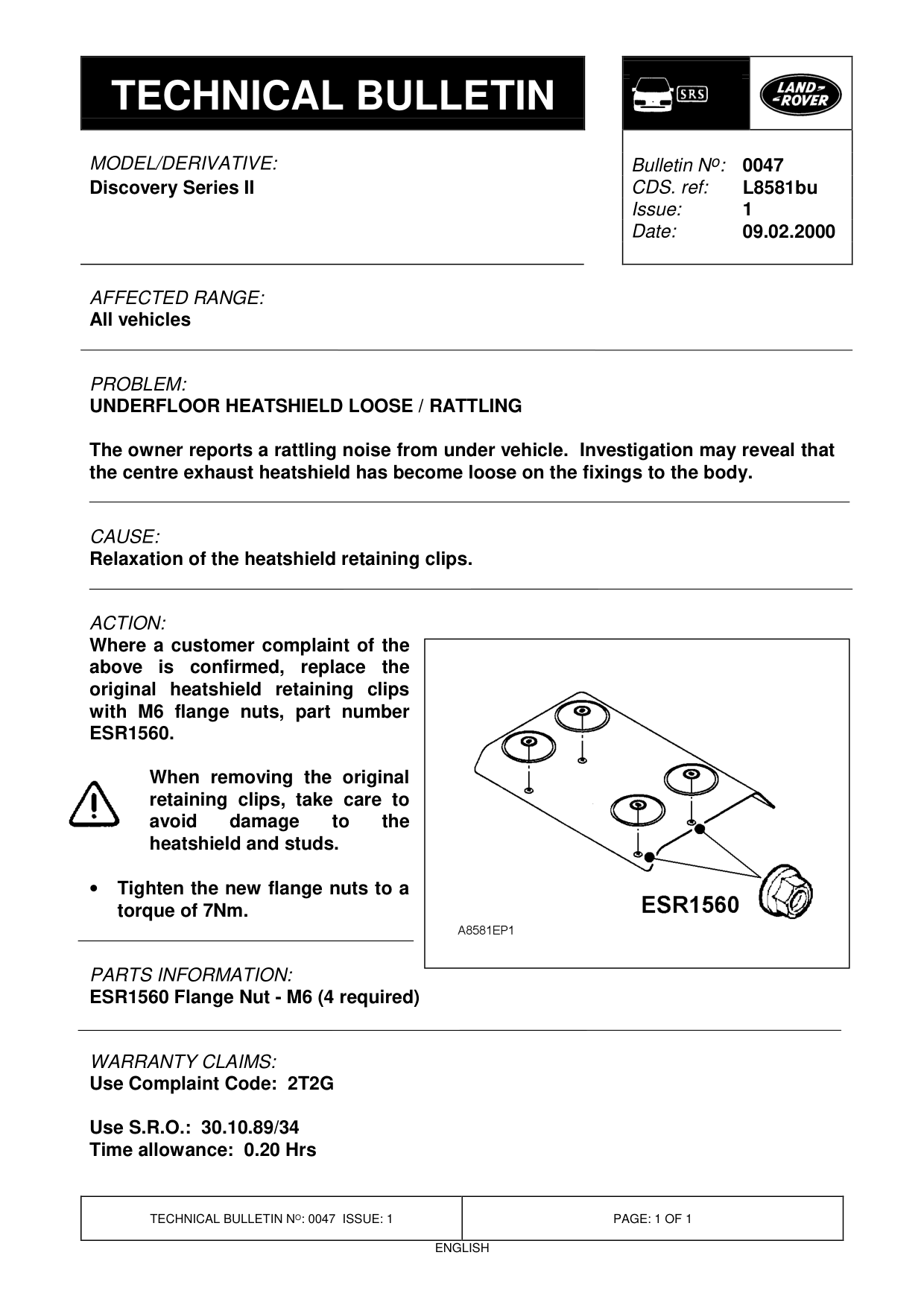 Underfloor Heatshield Loose / Rattling – bulletin page 1