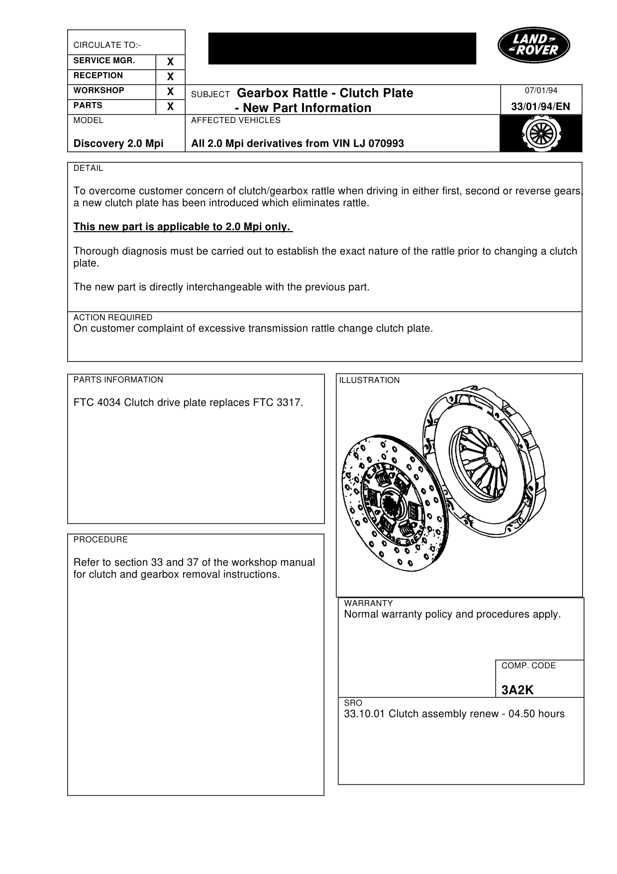 Gearbox Rattle-Clutch Plate-New Part Introduction – bulletin page 1