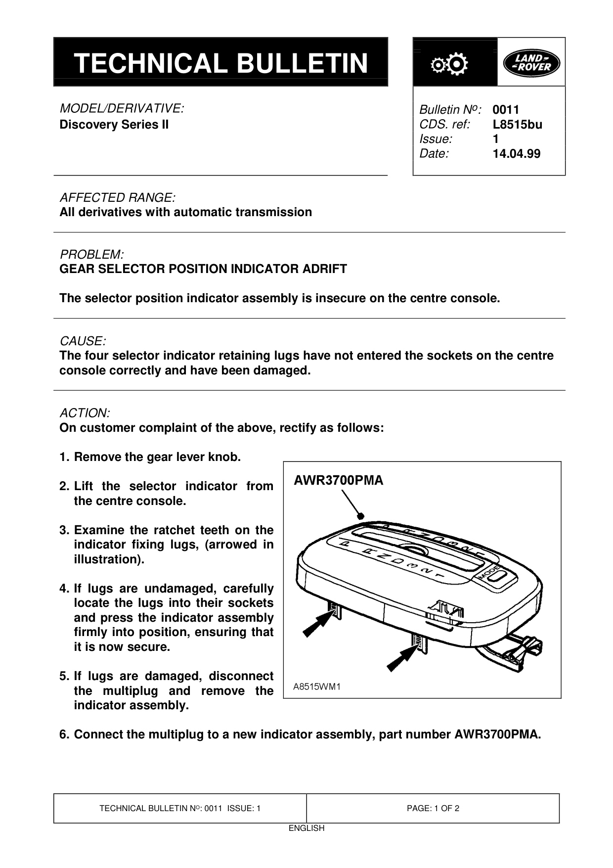Gear Selector Position Indicator Adrift – bulletin page 1