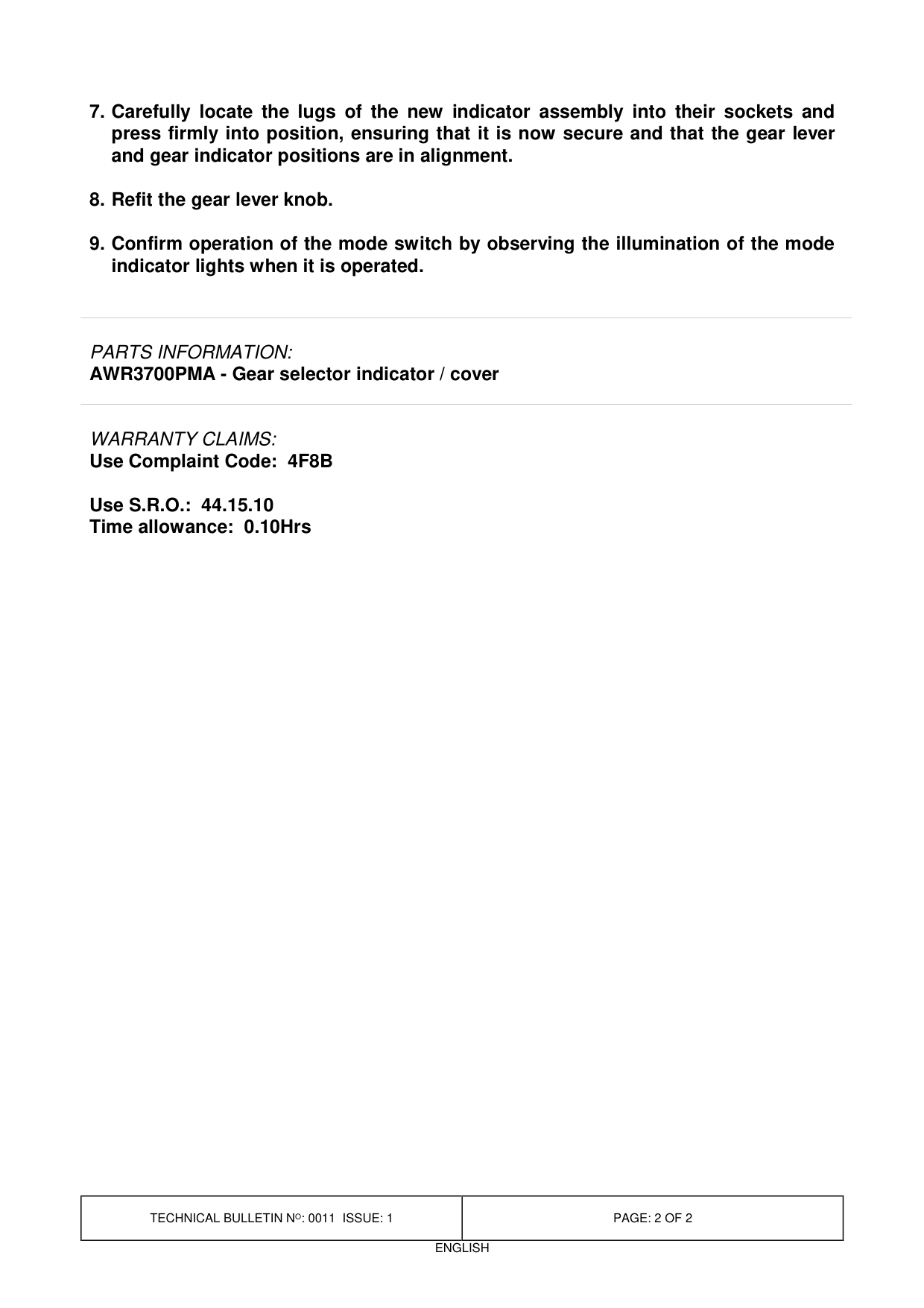 Gear Selector Position Indicator Adrift – bulletin page 2