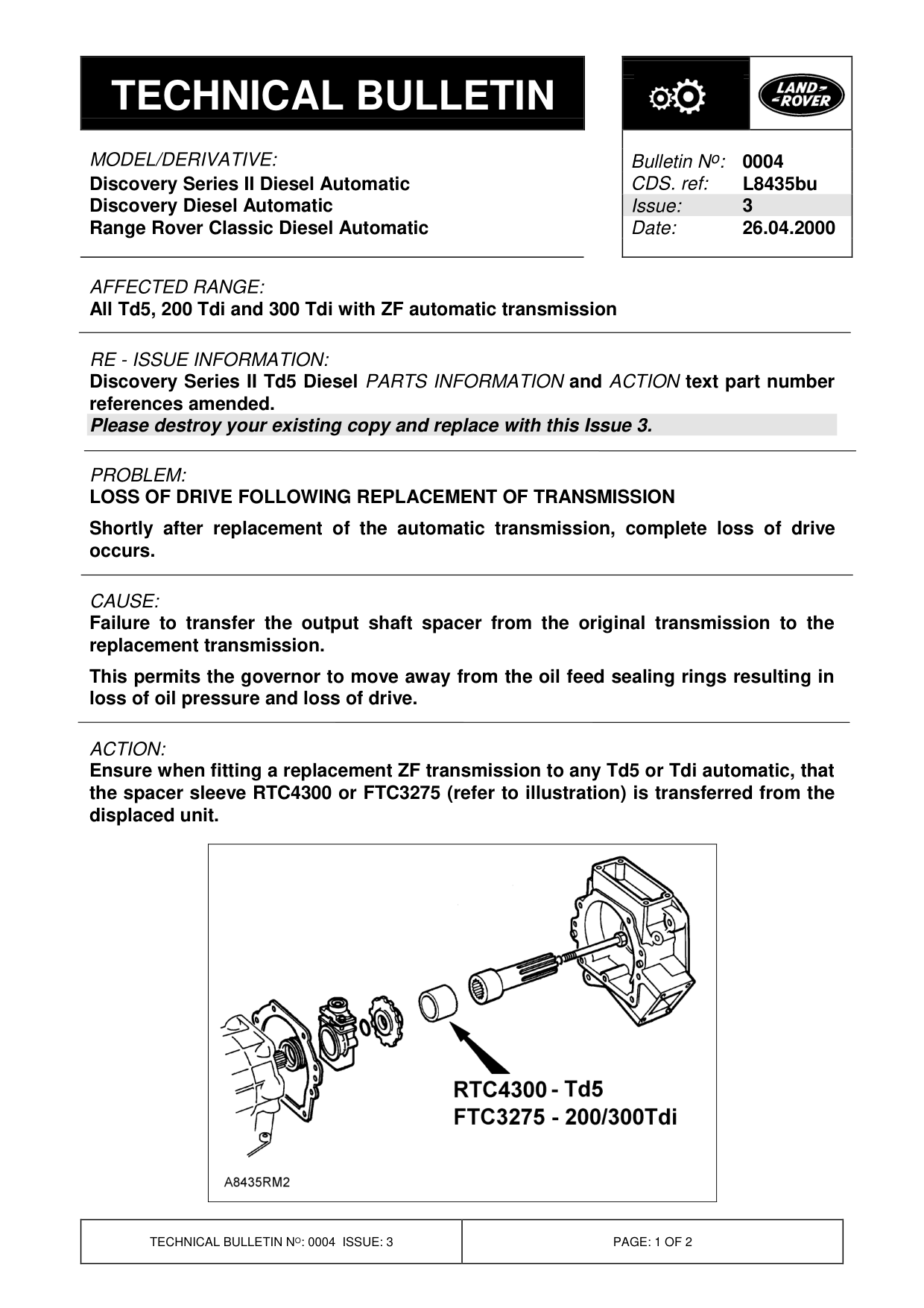 Loss Of Drive Following Replacement Of Transmission – bulletin page 1
