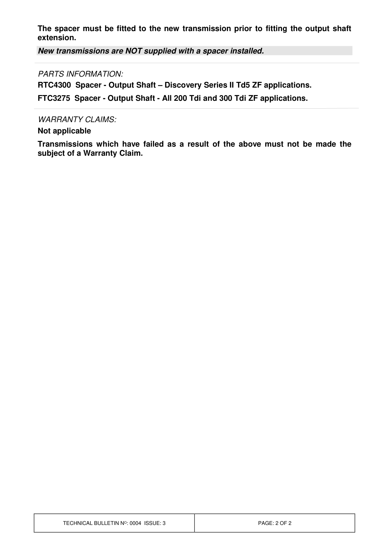 Loss Of Drive Following Replacement Of Transmission – bulletin page 2