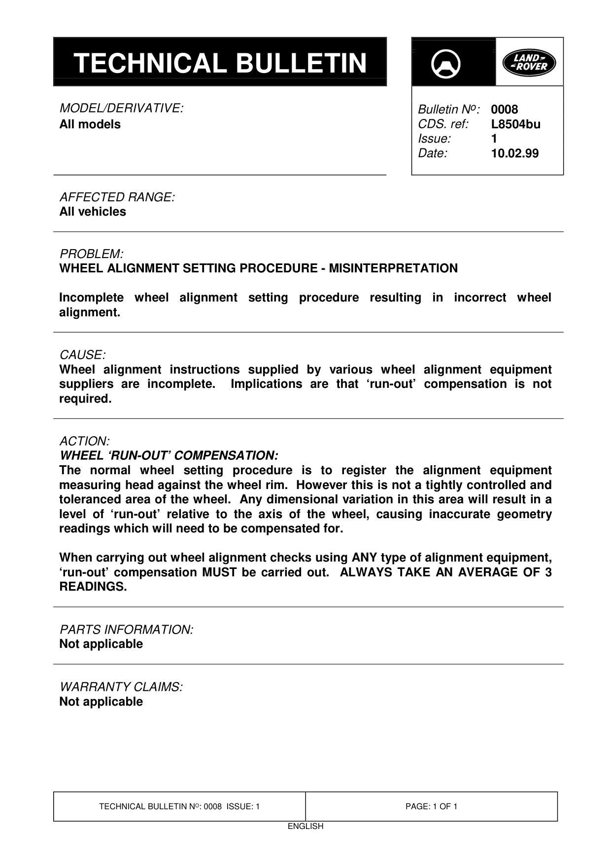 Wheel Alignment Setting Procedure - Misinterpretation – bulletin page 1