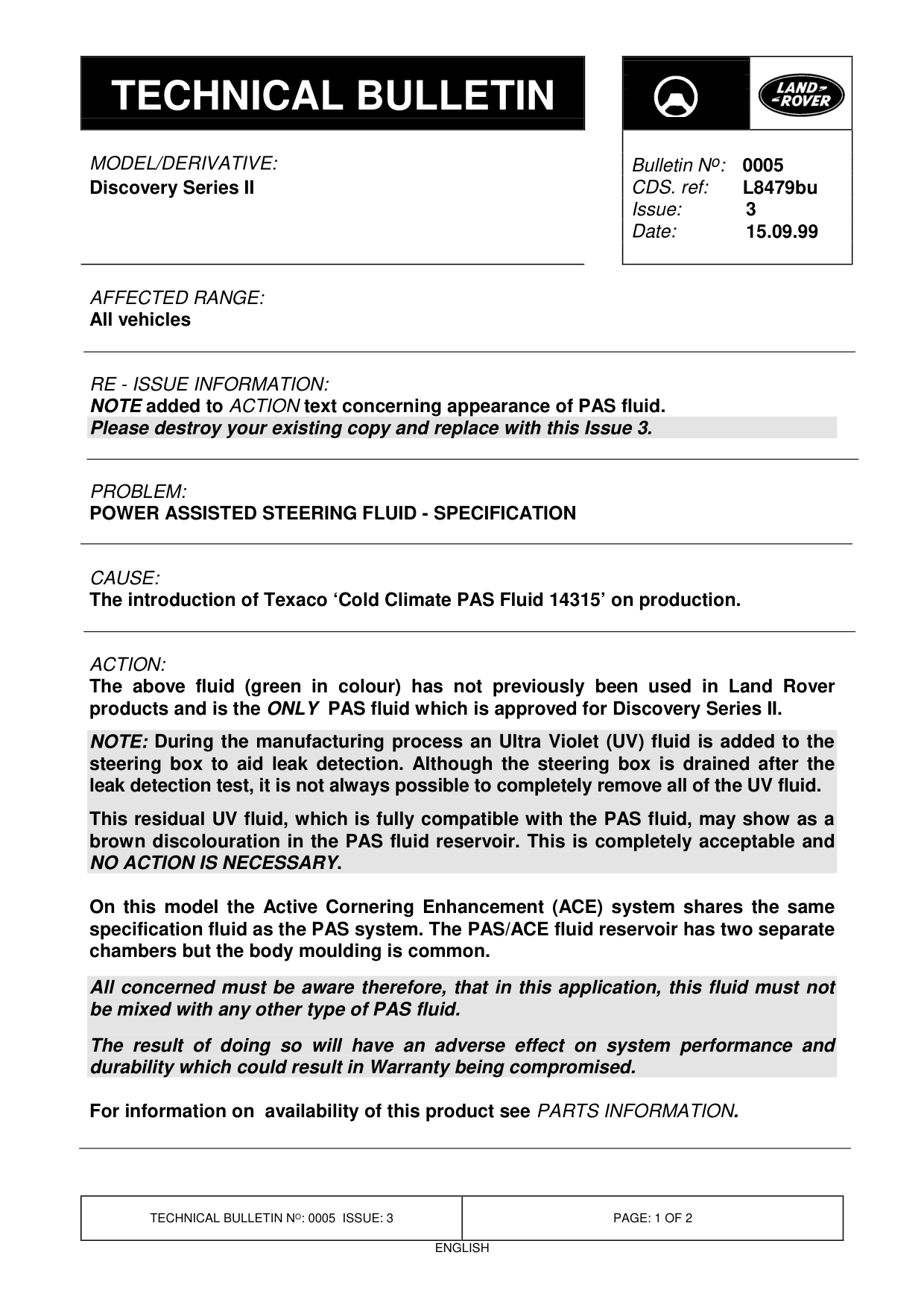 Power Assisted Steering Fluid - Specification – bulletin page 1