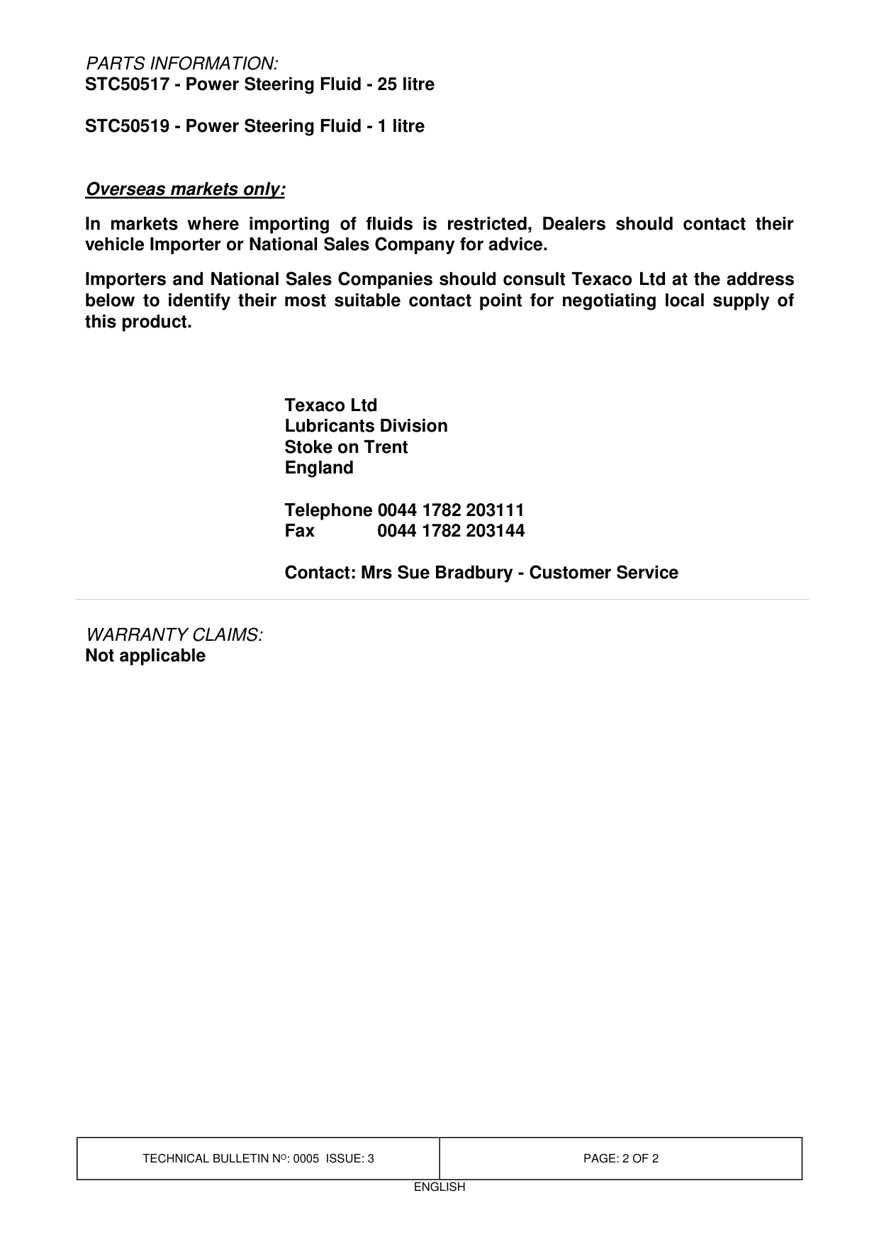 Power Assisted Steering Fluid - Specification – bulletin page 2