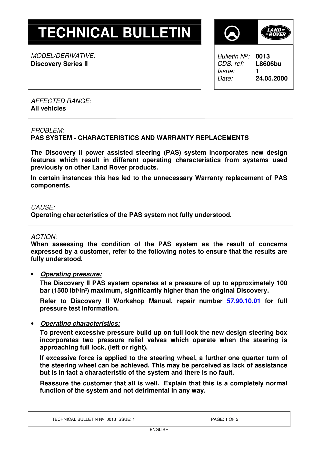 Pas System - Characteristics And Warranty Replacements – bulletin page 1