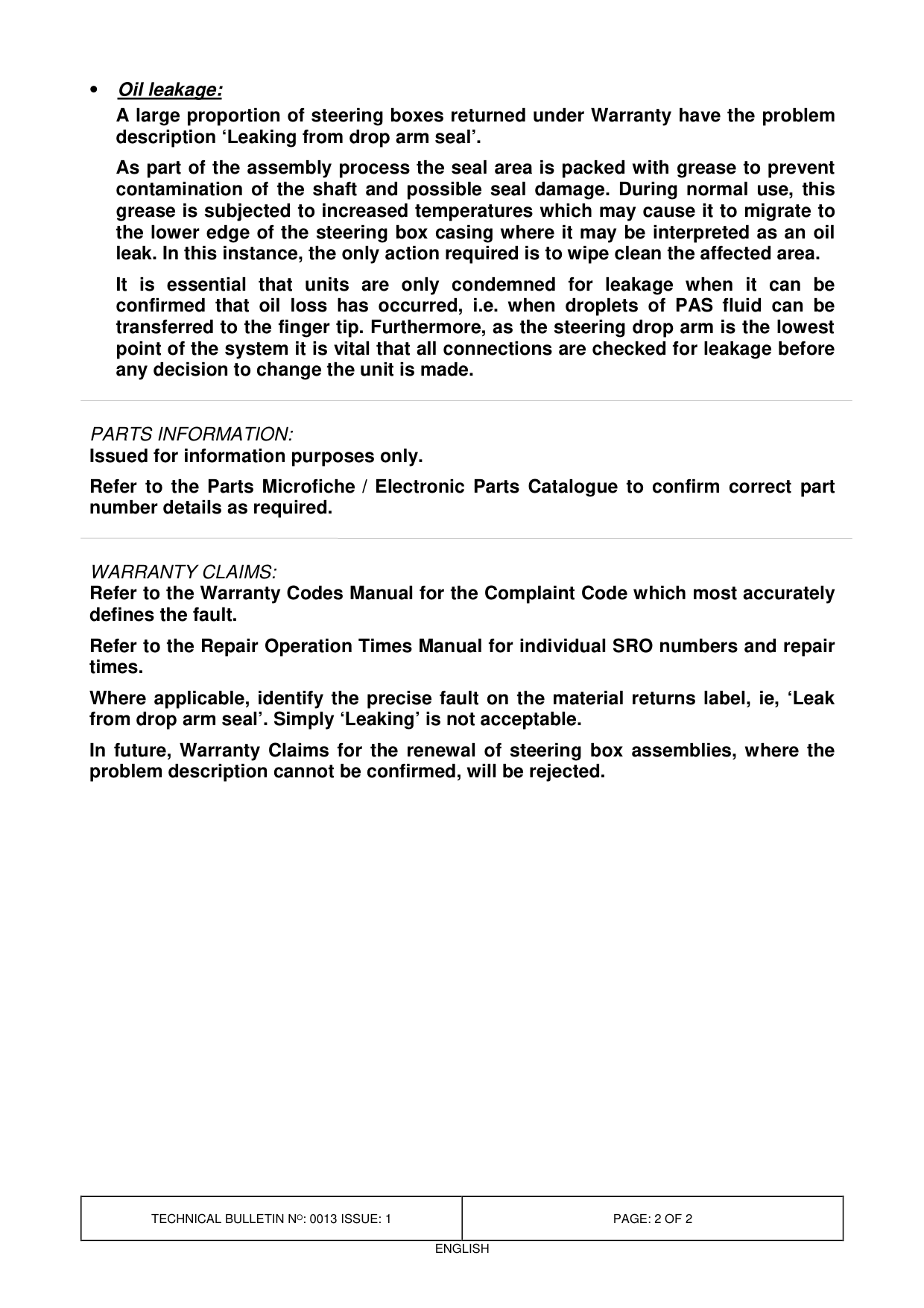 Pas System - Characteristics And Warranty Replacements – bulletin page 2