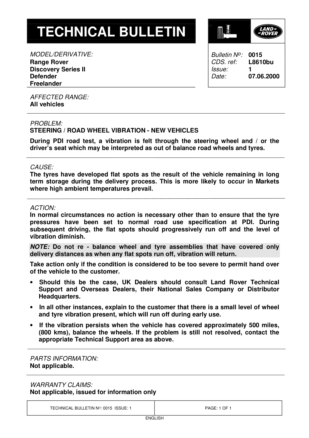 Steering / Road Wheel Vibration - New Vehicles – bulletin page 1